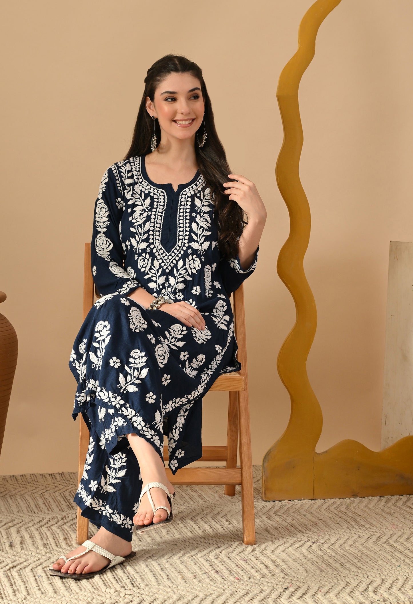 Hand Embroidered Chikankari Slub Rayon Plazo Set 3d Work-Teal Blue
