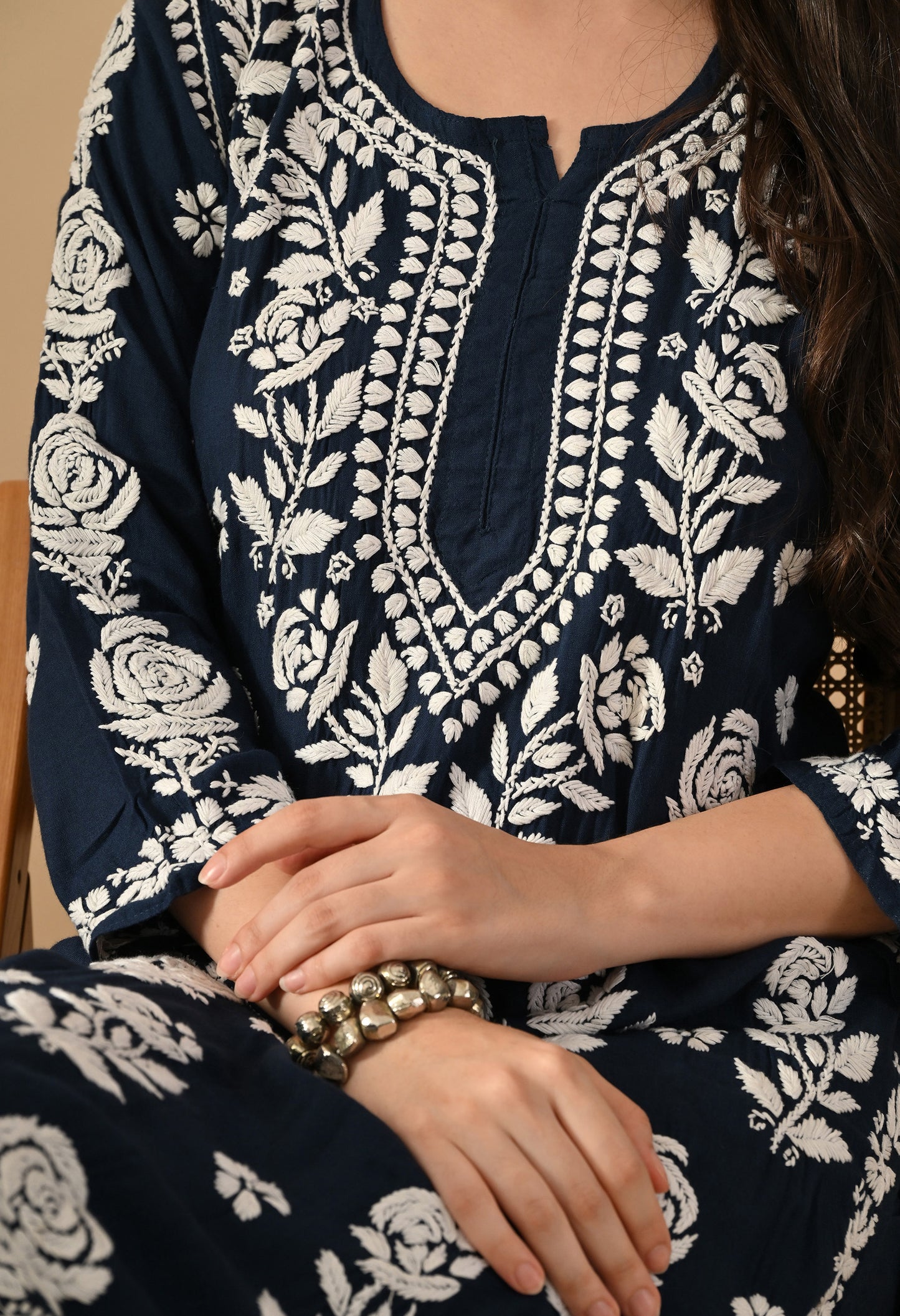 Hand Embroidered Chikankari Slub Rayon Plazo Set 3d Work-Teal Blue