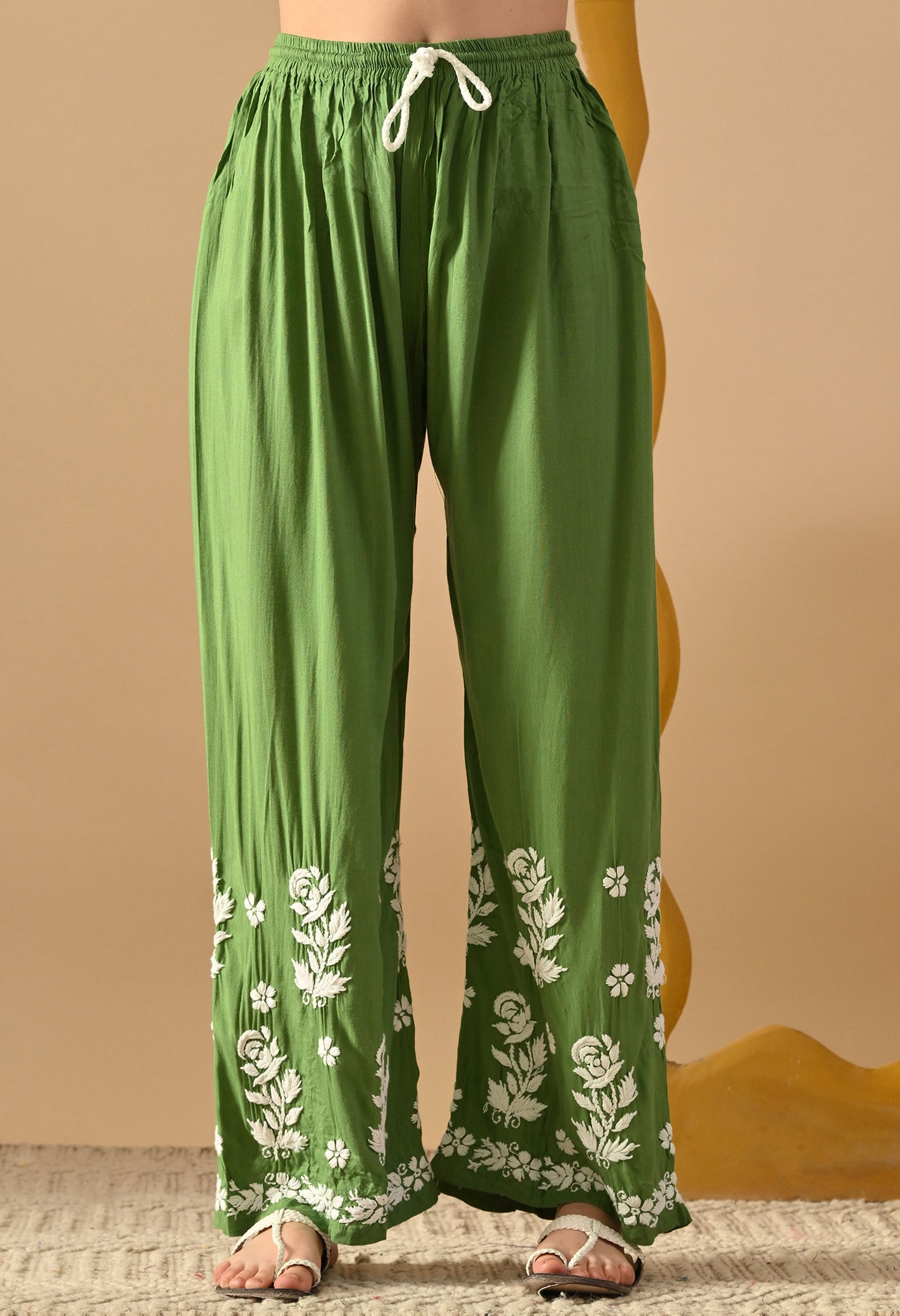 Hand Embroidered Chikankari Slub Rayon Plazo Set 3d Work-Mehdi Green