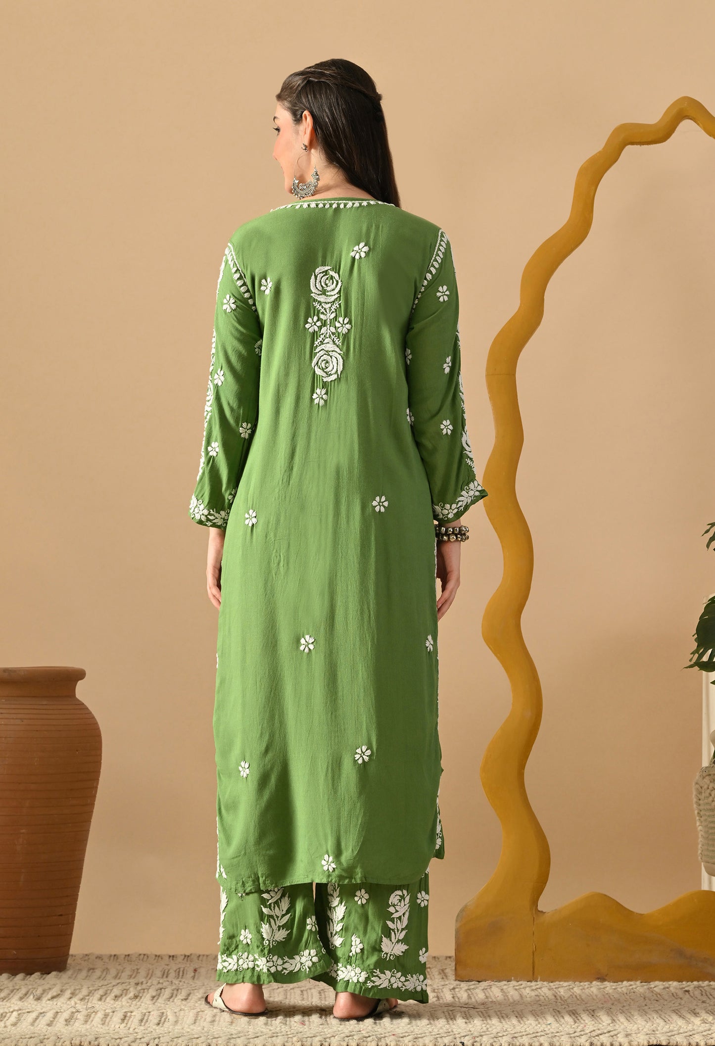 Hand Embroidered Chikankari Slub Rayon Plazo Set 3d Work-Mehdi Green