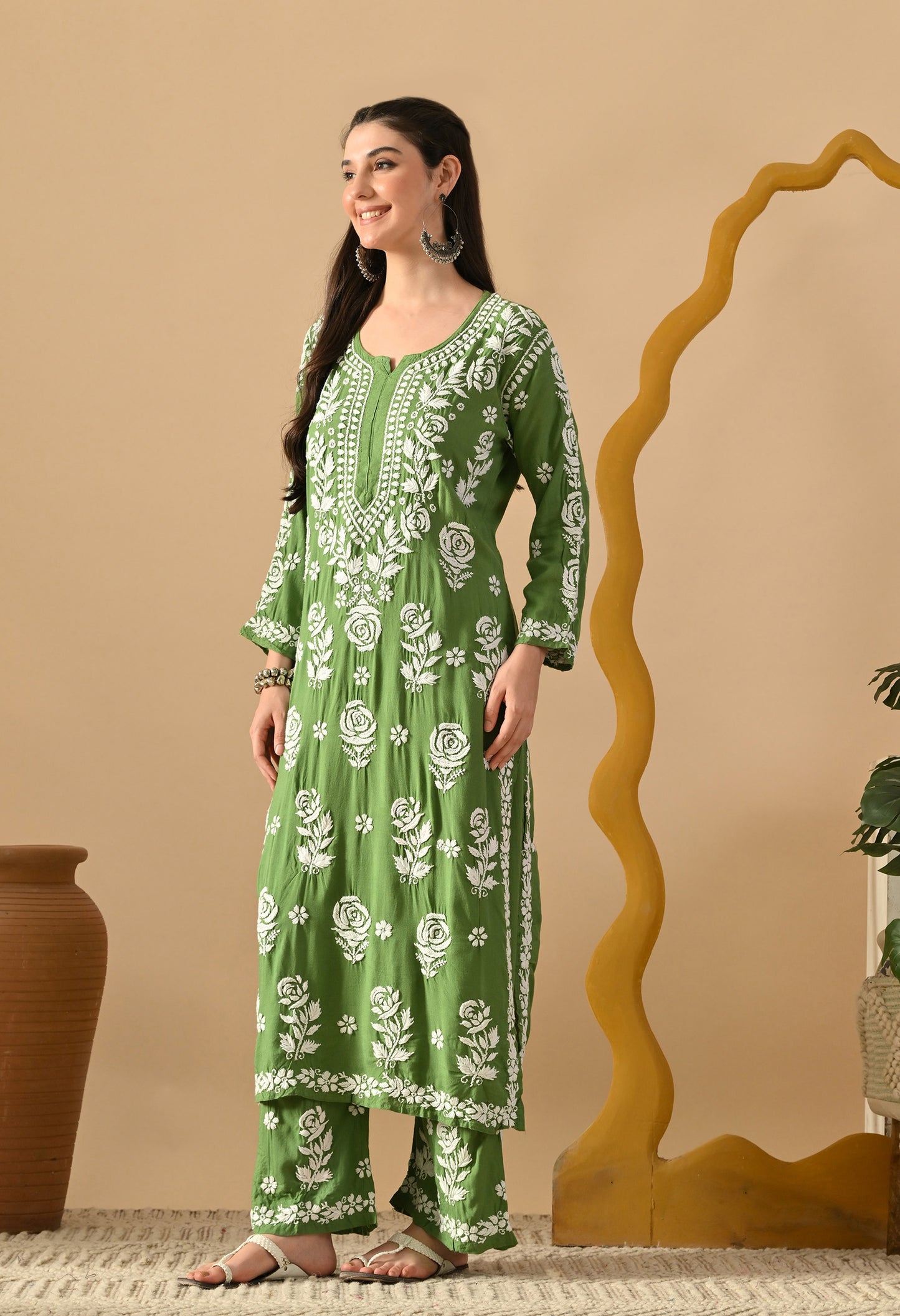 Hand Embroidered Chikankari Slub Rayon Plazo Set 3d Work-Mehdi Green