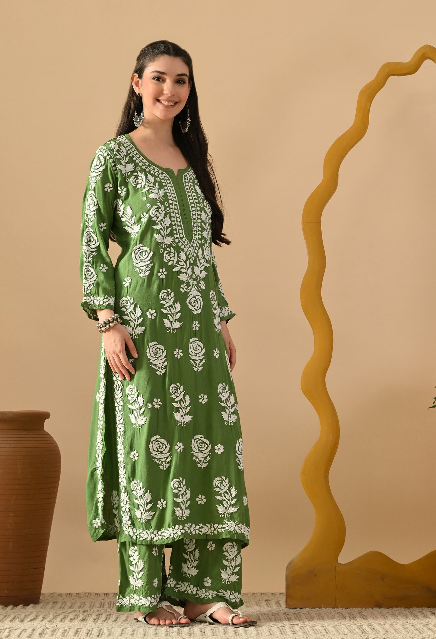 Hand Embroidered Chikankari Slub Rayon Plazo Set 3d Work-Mehdi Green