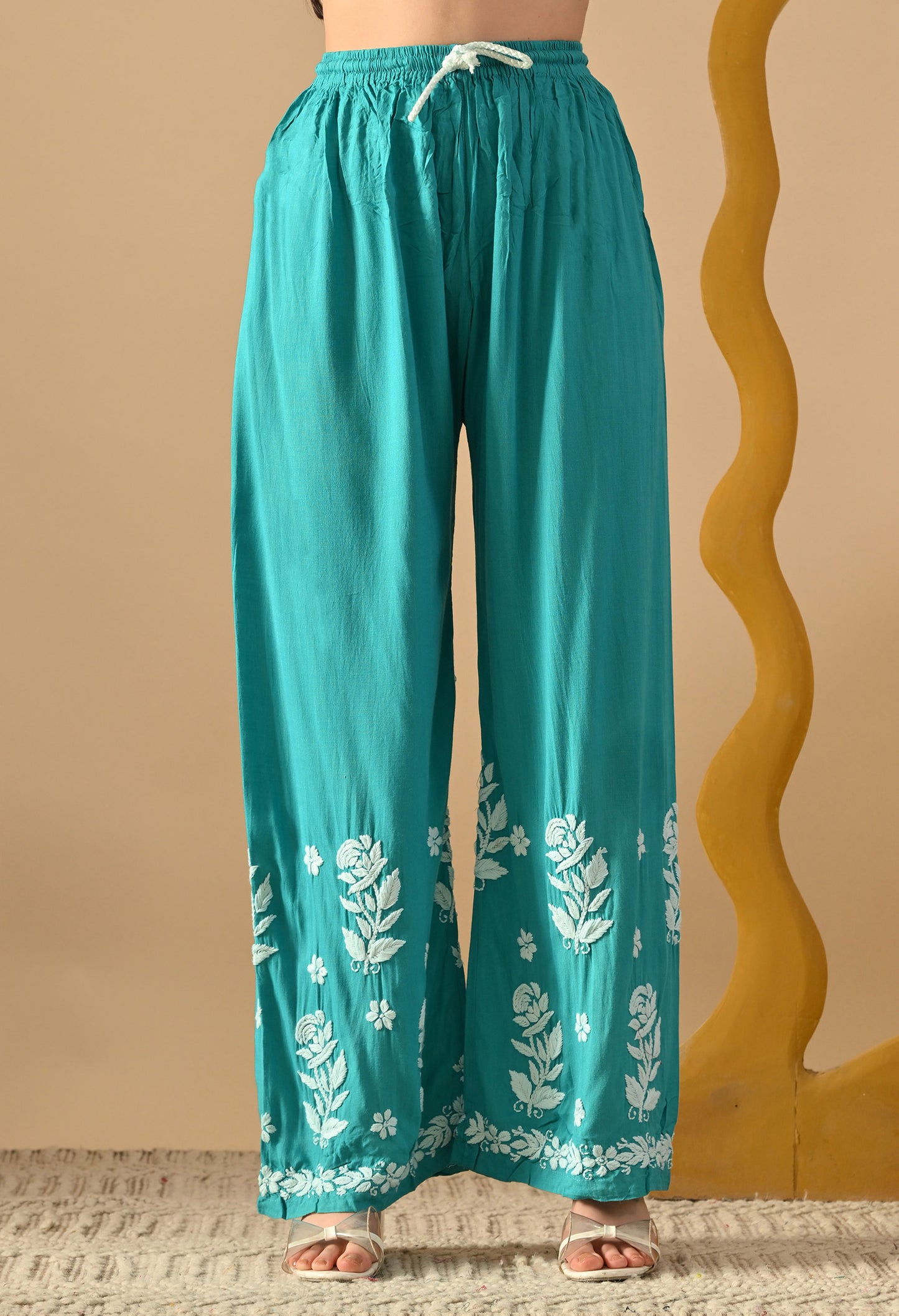 Hand Embroidered Chikankari Slub Rayon Plazo Set 3d Work-Firozi