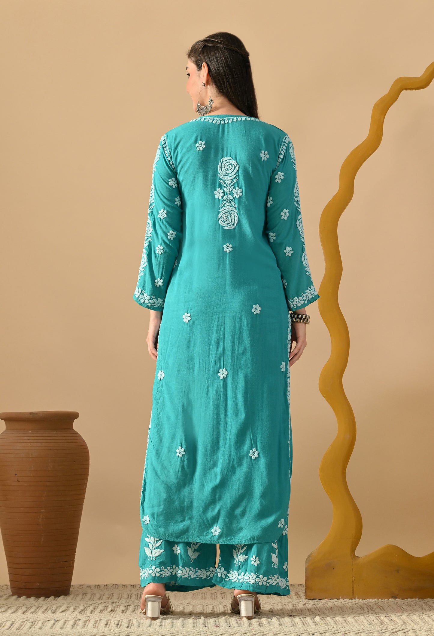 Hand Embroidered Chikankari Slub Rayon Plazo Set 3d Work-Firozi