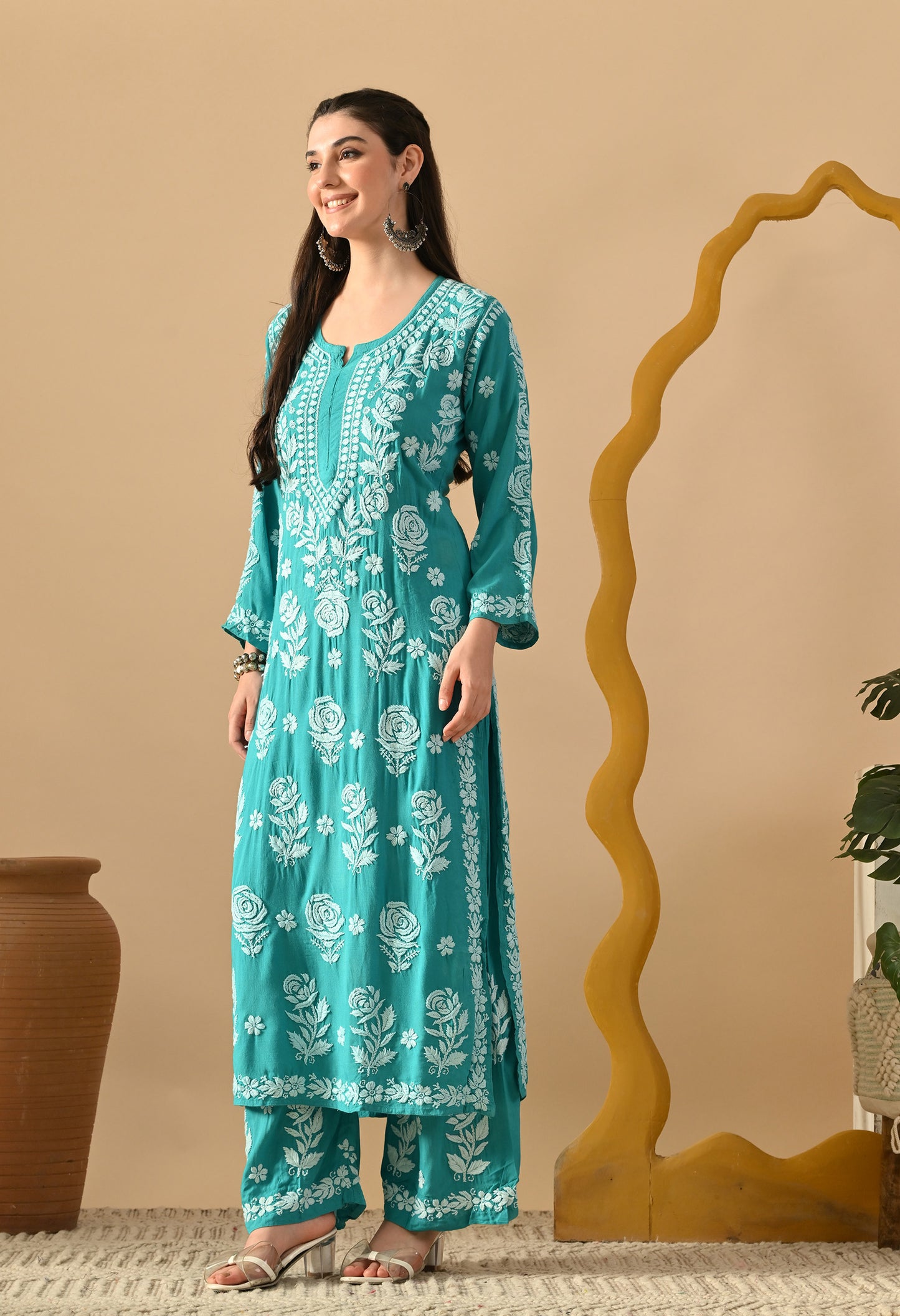 Hand Embroidered Chikankari Slub Rayon Plazo Set 3d Work-Firozi