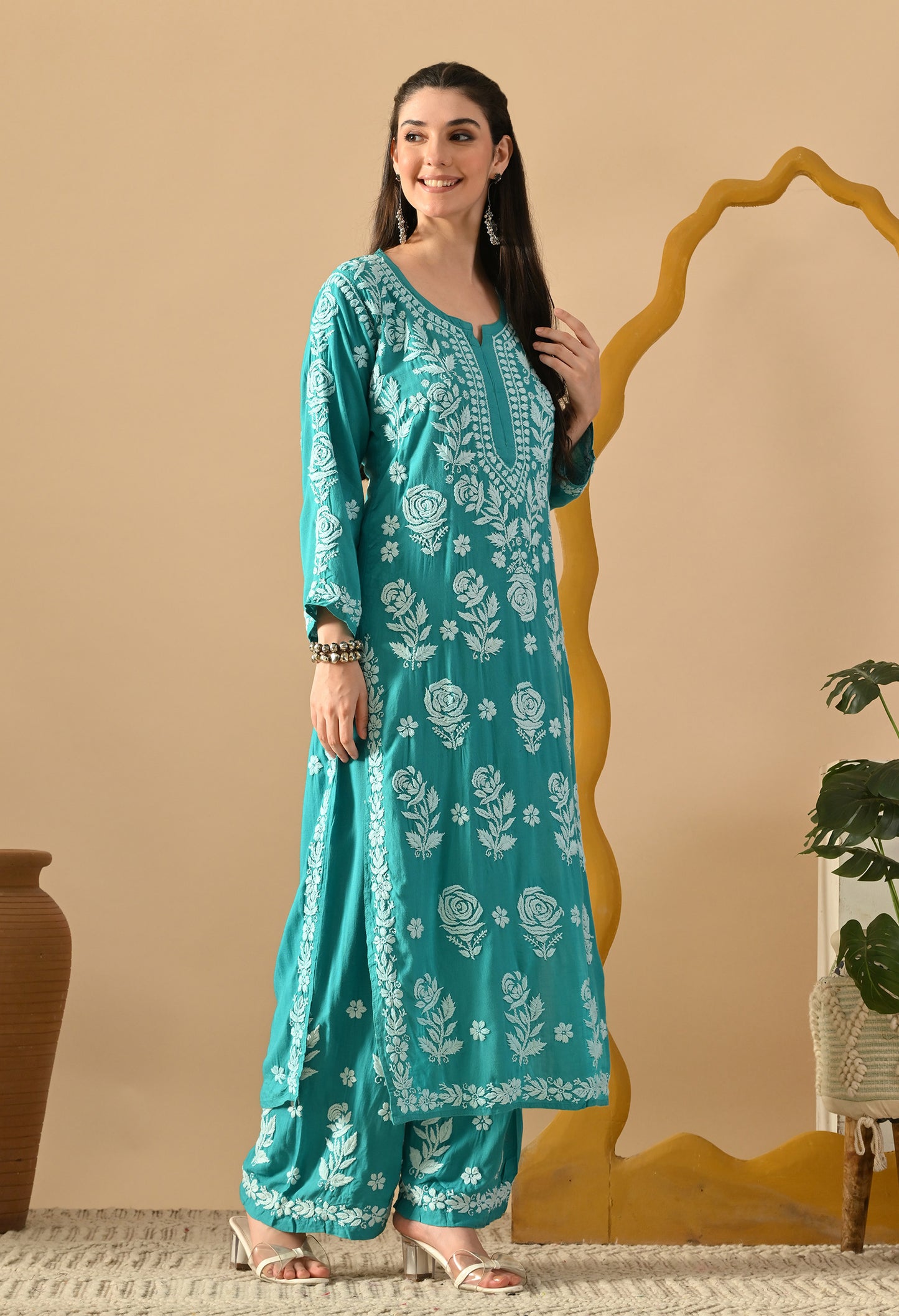 Hand Embroidered Chikankari Slub Rayon Plazo Set 3d Work-Firozi