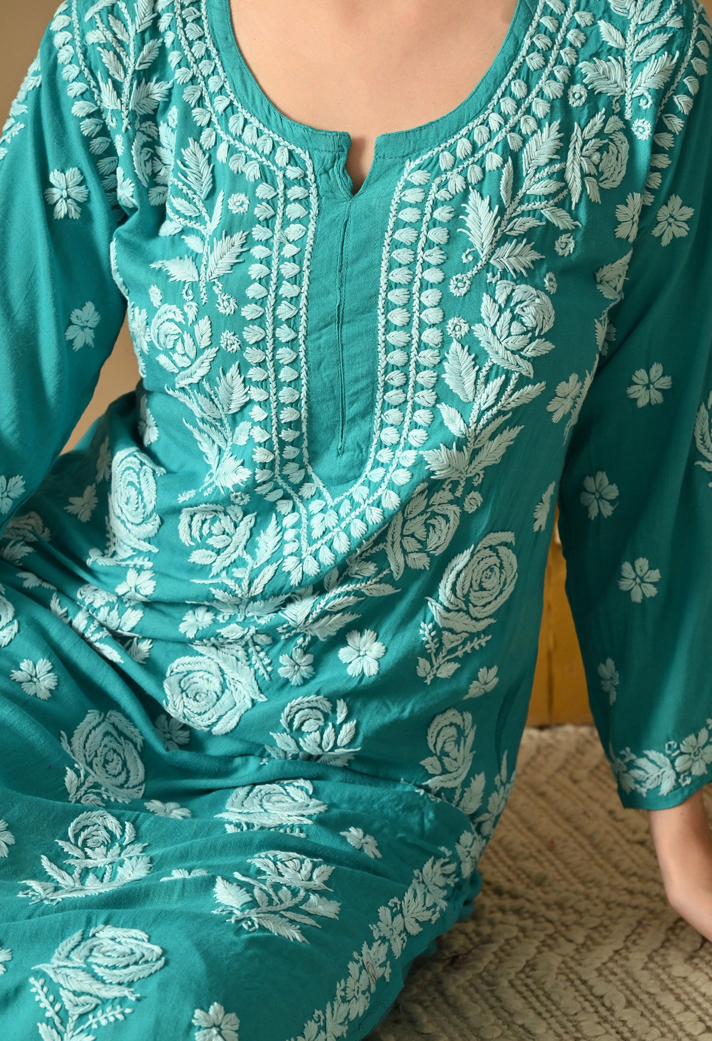 Hand Embroidered Chikankari Slub Rayon Plazo Set 3d Work-Firozi