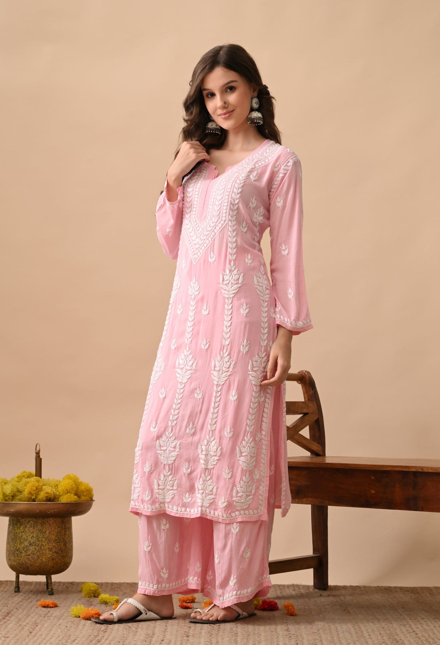 Blush Pink Hand-Embroidered Chikankari Modal Kurta with Plazo Set