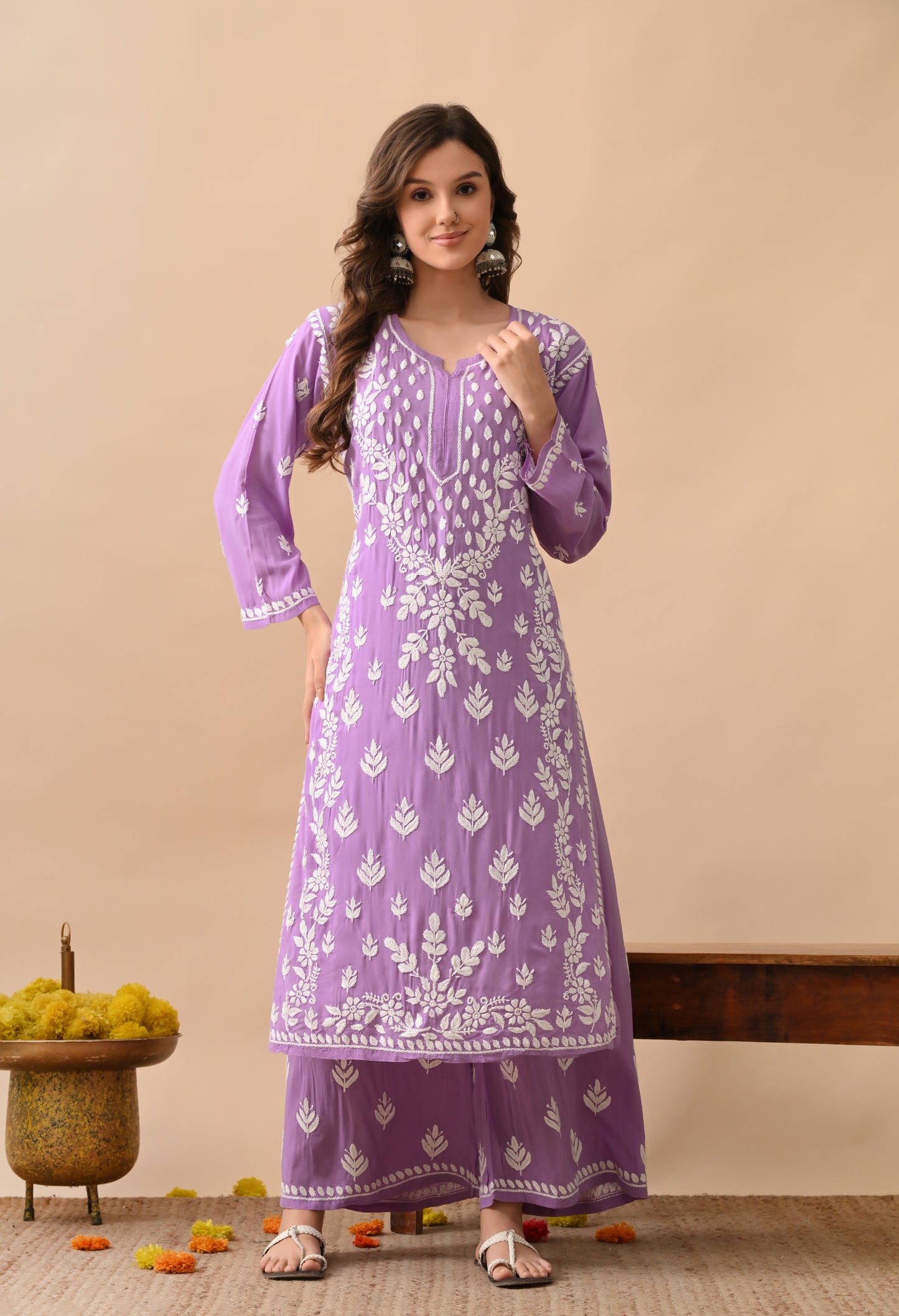 Purple Modal Hand-Embroidered Chikankari Kurta Pant Set