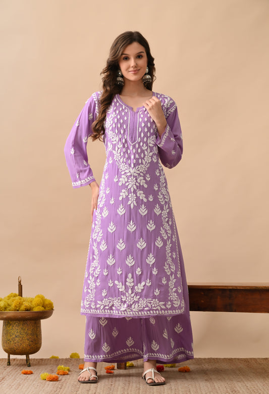 Purple Modal Hand-Embroidered Chikankari Kurta Pant Set