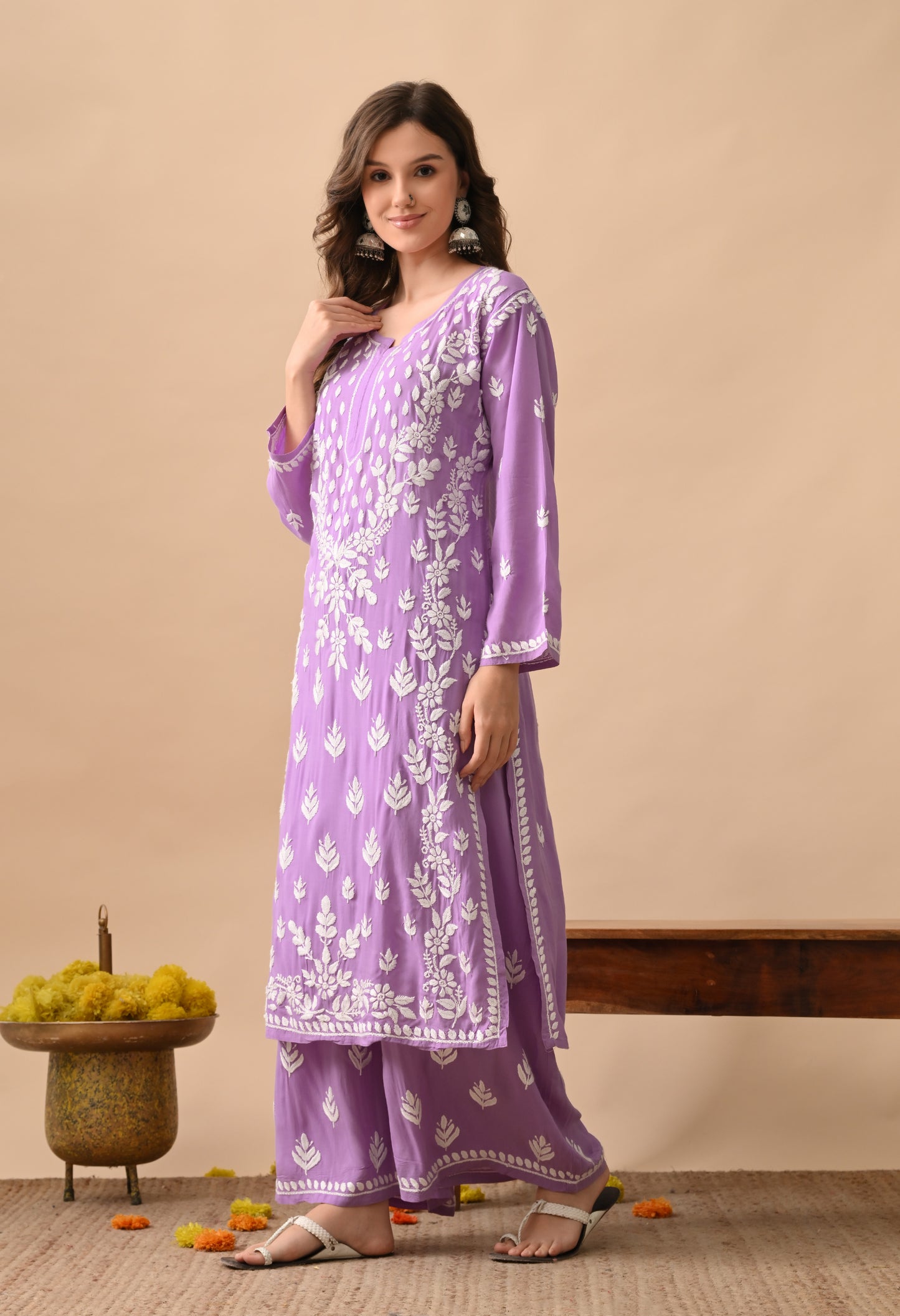 Purple Modal Hand-Embroidered Chikankari Kurta Pant Set