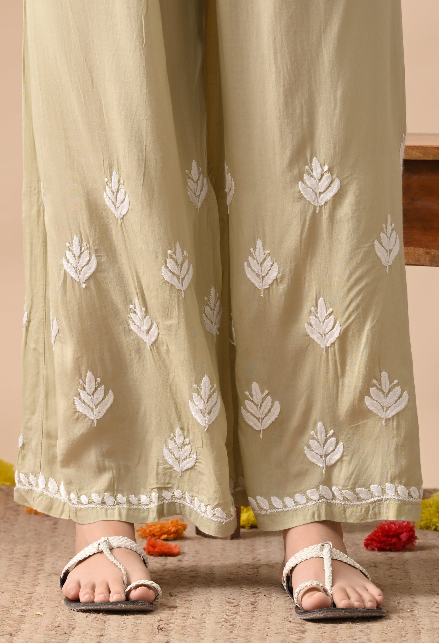 Brown Hand-Embroidered Chikankari Modal Kurta with Plazo Set