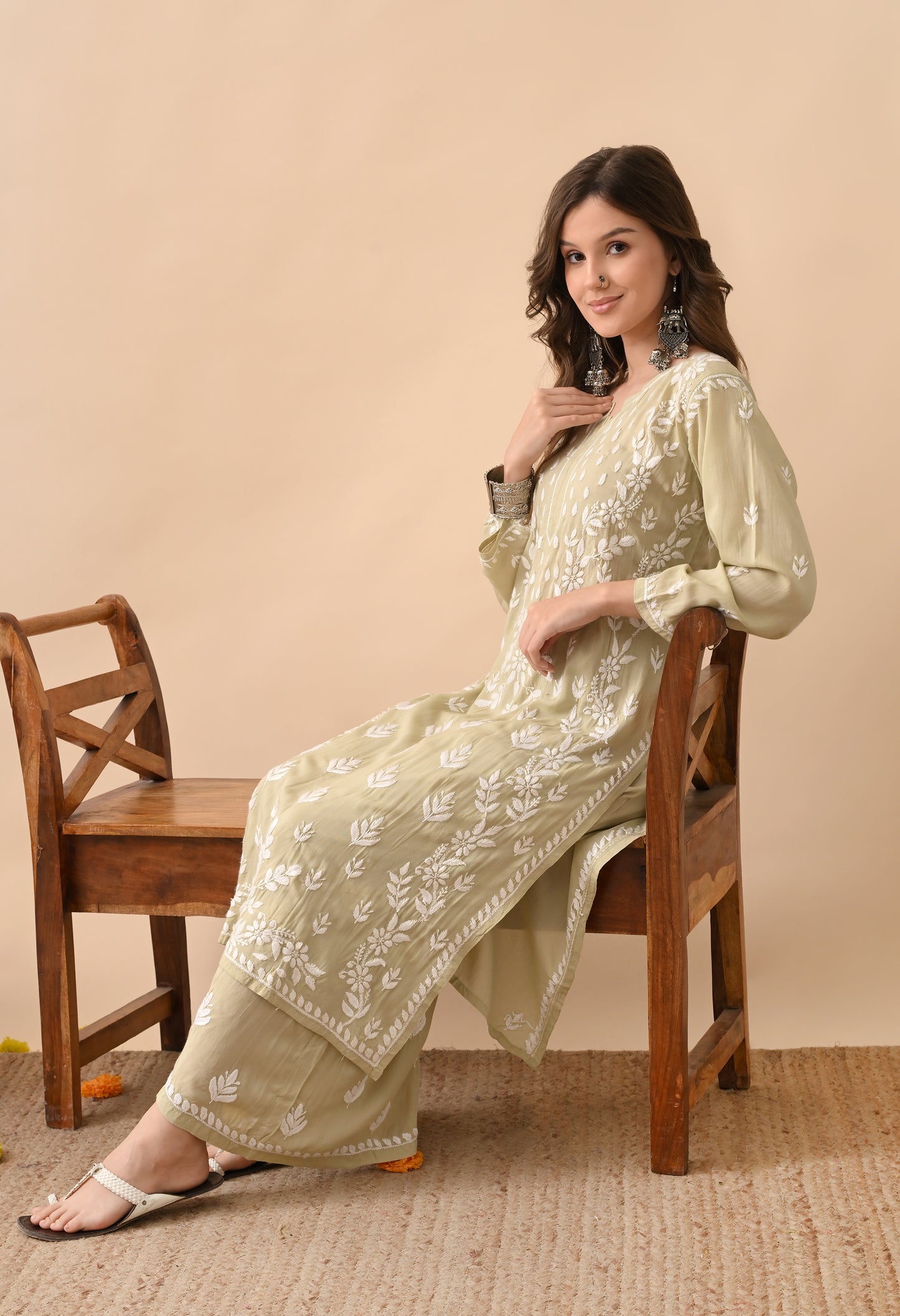 Brown Hand-Embroidered Chikankari Modal Kurta with Plazo Set