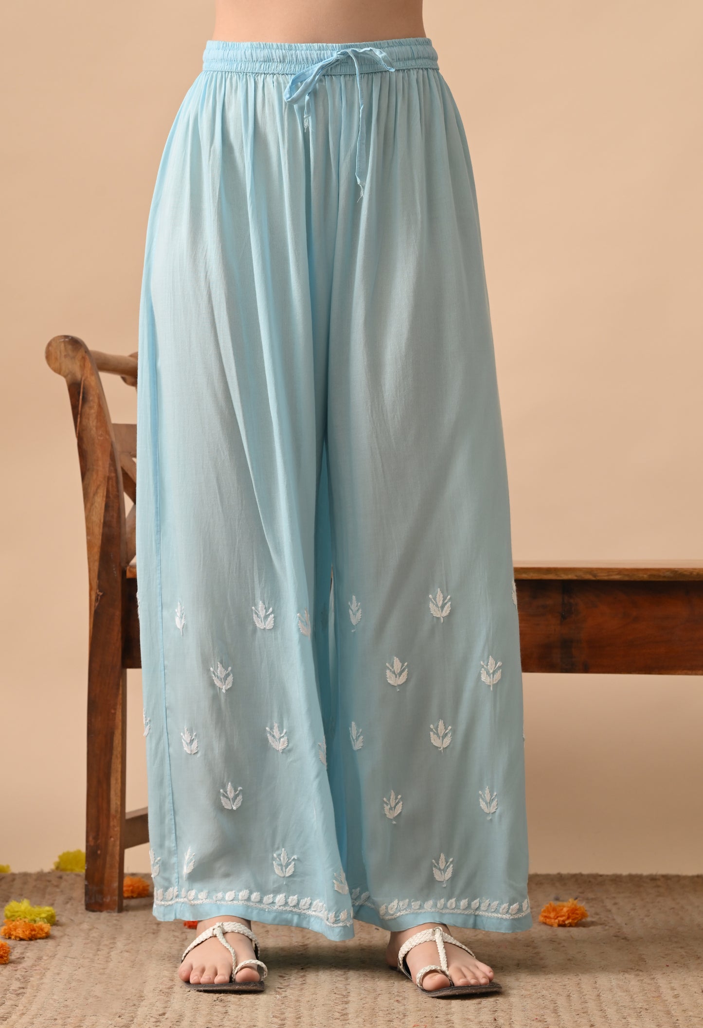 Sky Blue Hand Embroidered Modal Chikankari Kurta with Palazzo Set