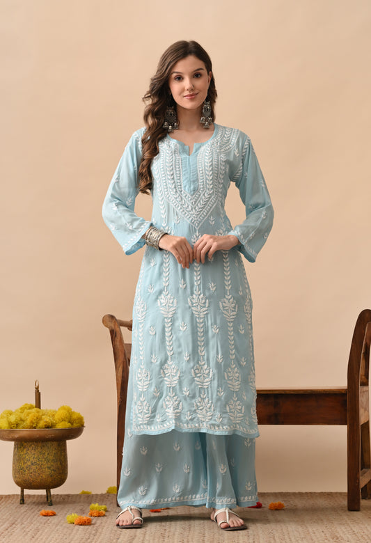 Sky Blue Hand Embroidered Modal Chikankari Kurta with Palazzo Set
