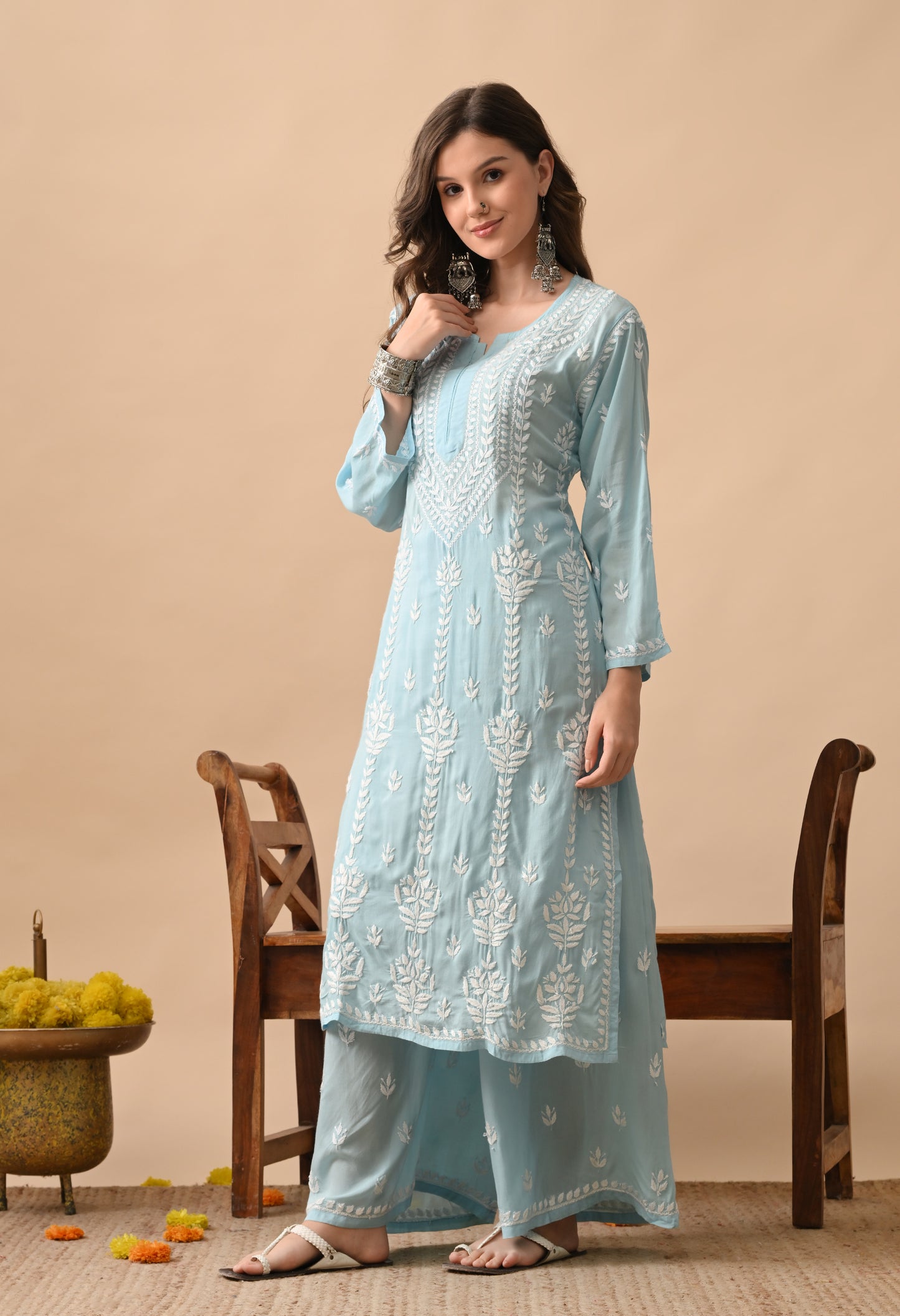 Sky Blue Hand Embroidered Modal Chikankari Kurta with Palazzo Set