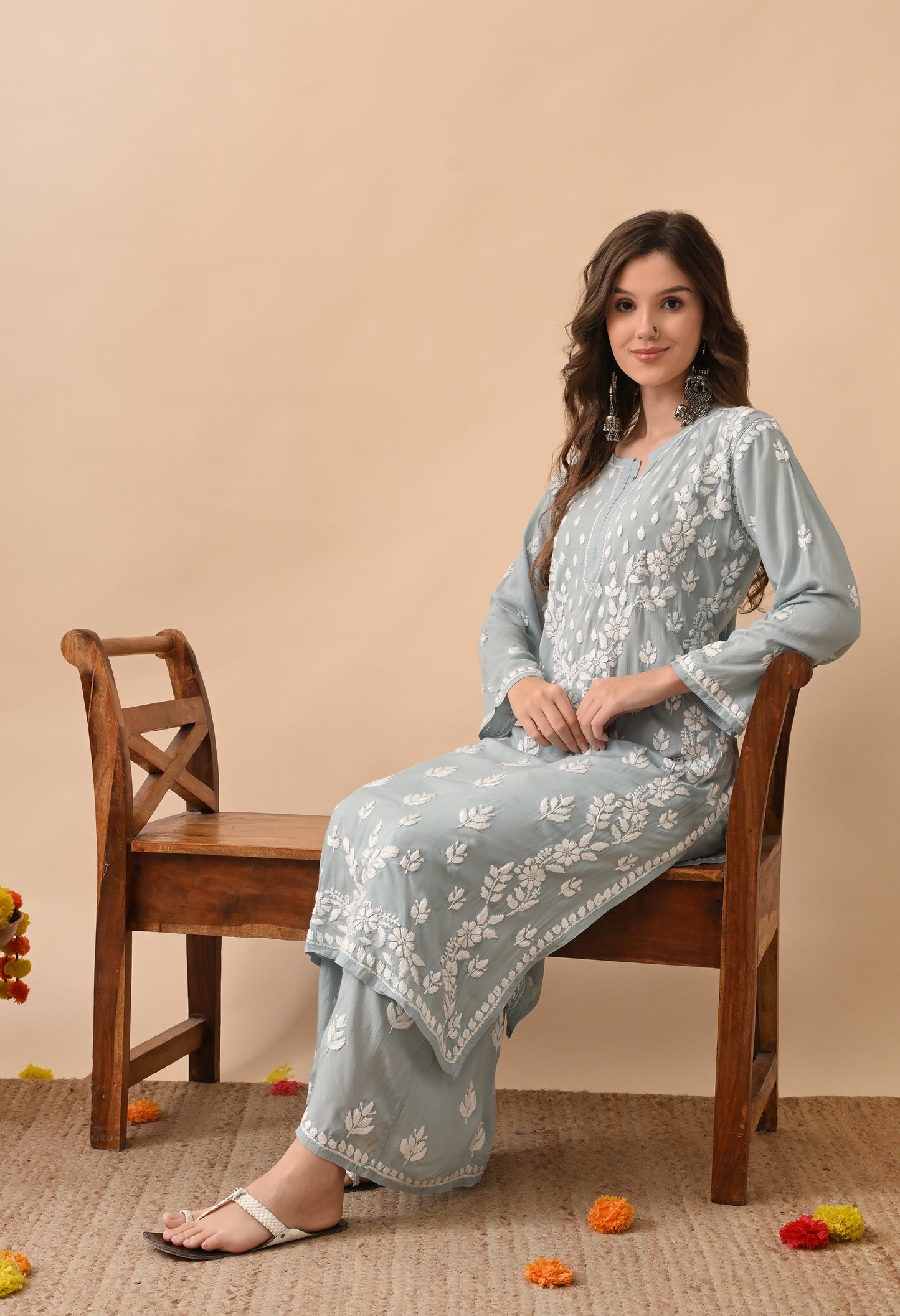Soft Grey Modal Chikankari Embroidered Kurta with Matching Pants