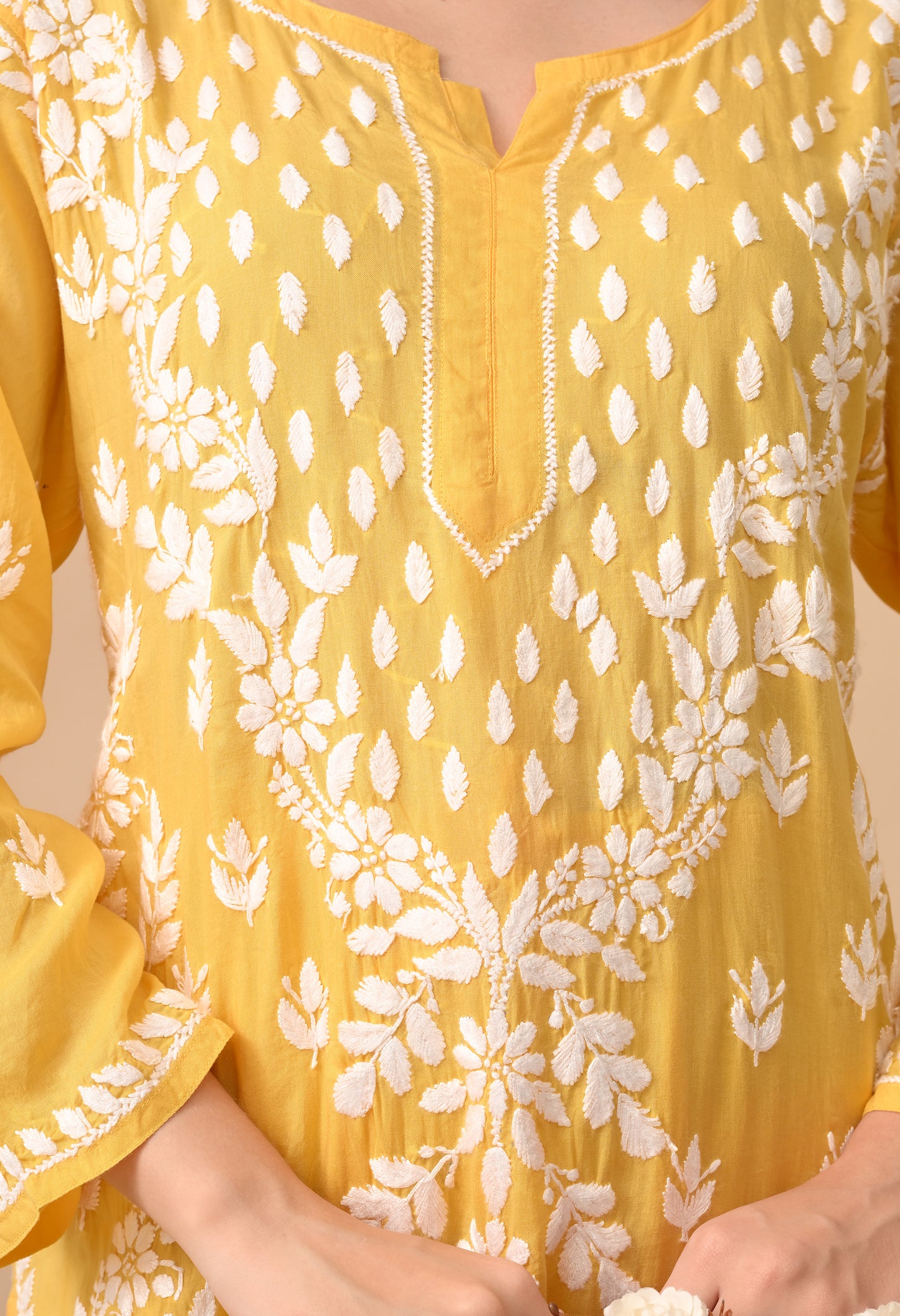 Dark Yellow Modal Hand-Embroidered Chikankari Kurta Pant Set