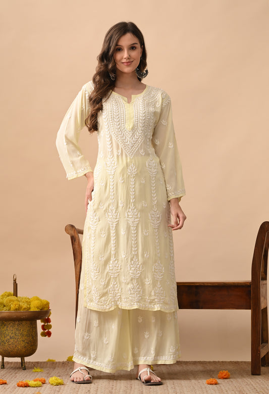 Soft Yellow Hand-Embroidered Modal Chikankari Kurta Set for Women
