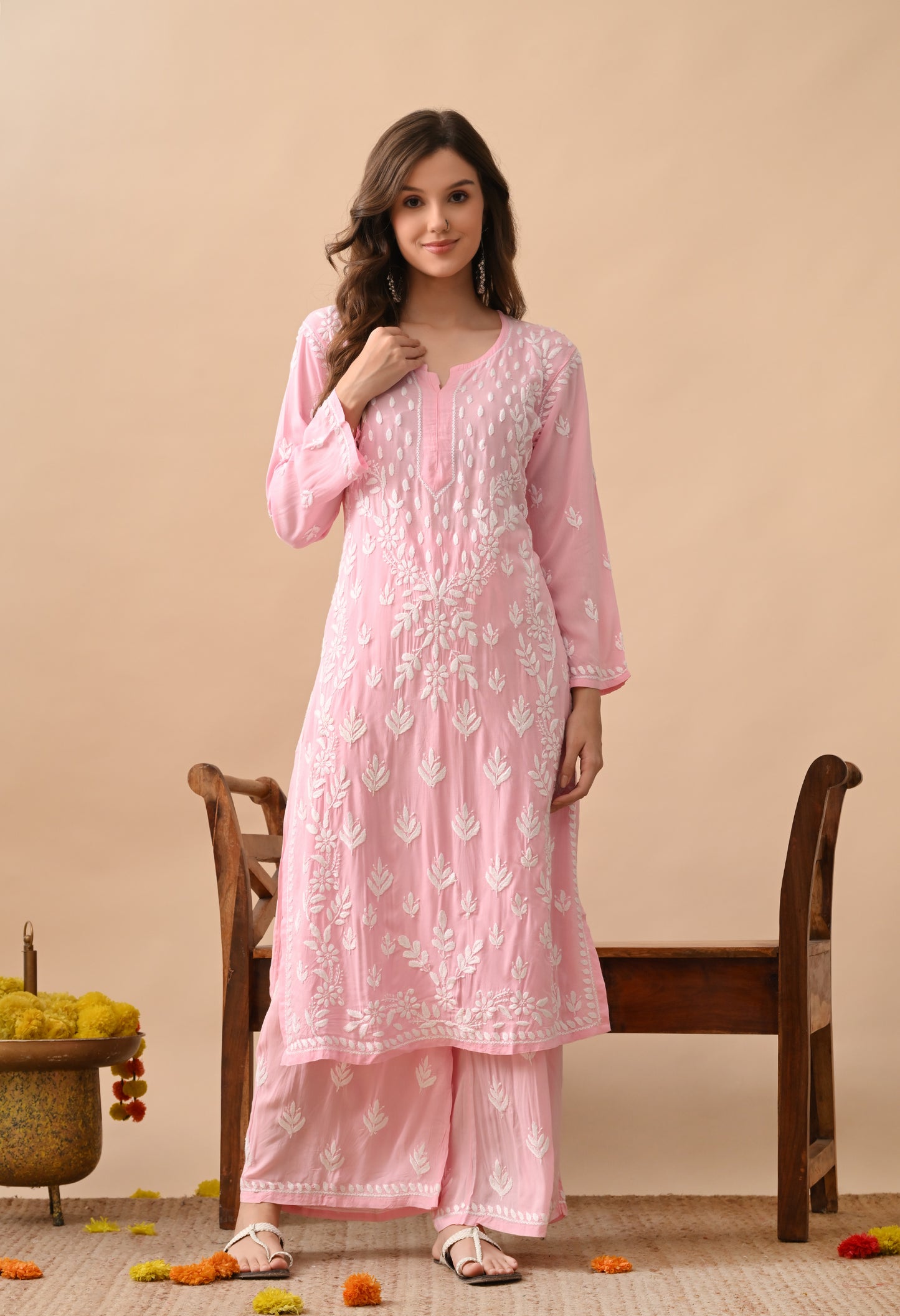 Blush Pink Modal Hand-Embroidered Chikankari Kurta Pant Set