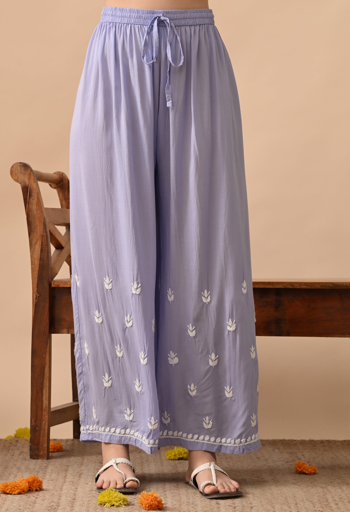 Lavender Grace Hand Embroidered Modal Chikankari Kurta Palazzo Set