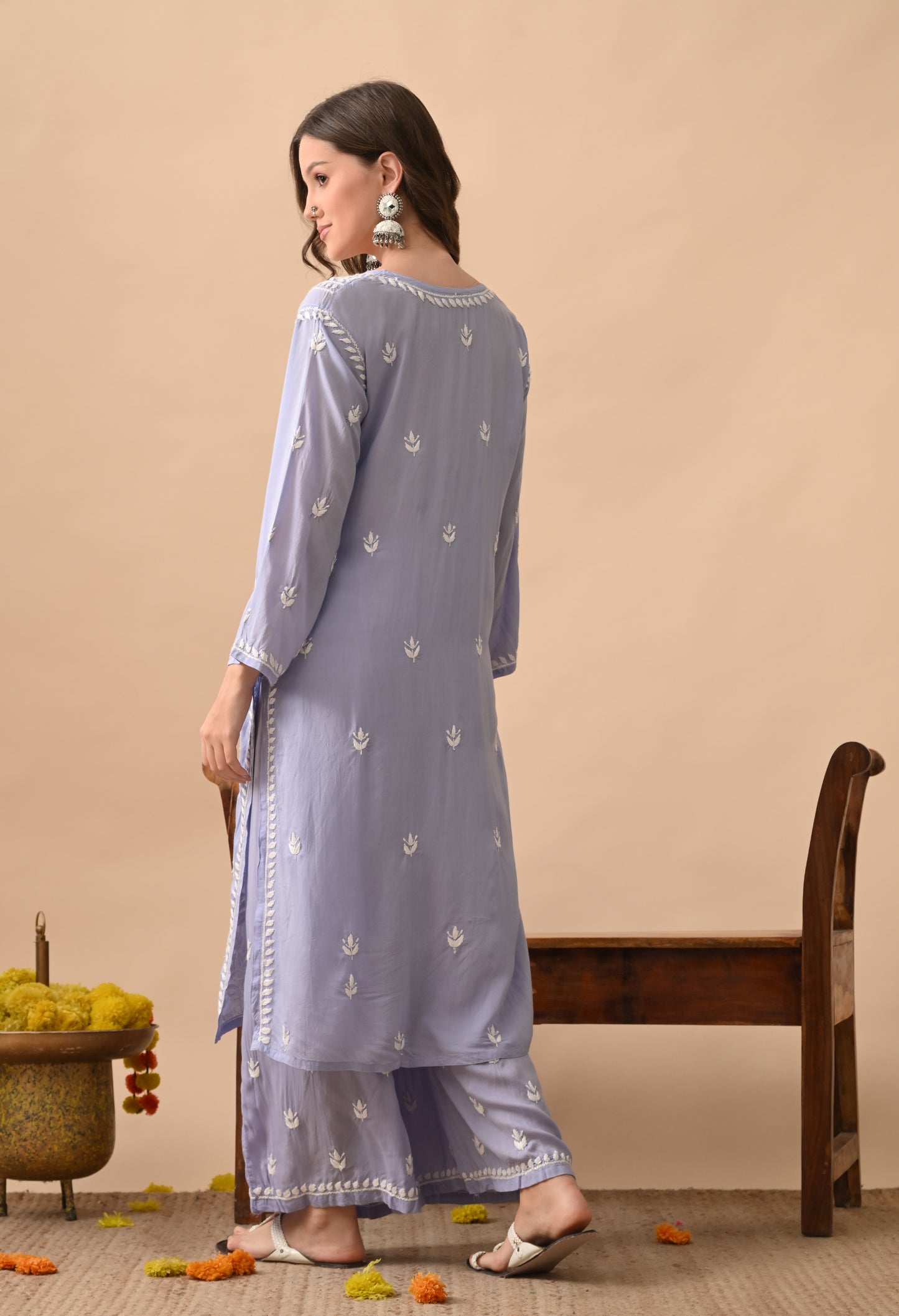 Lavender Grace Hand Embroidered Modal Chikankari Kurta Palazzo Set