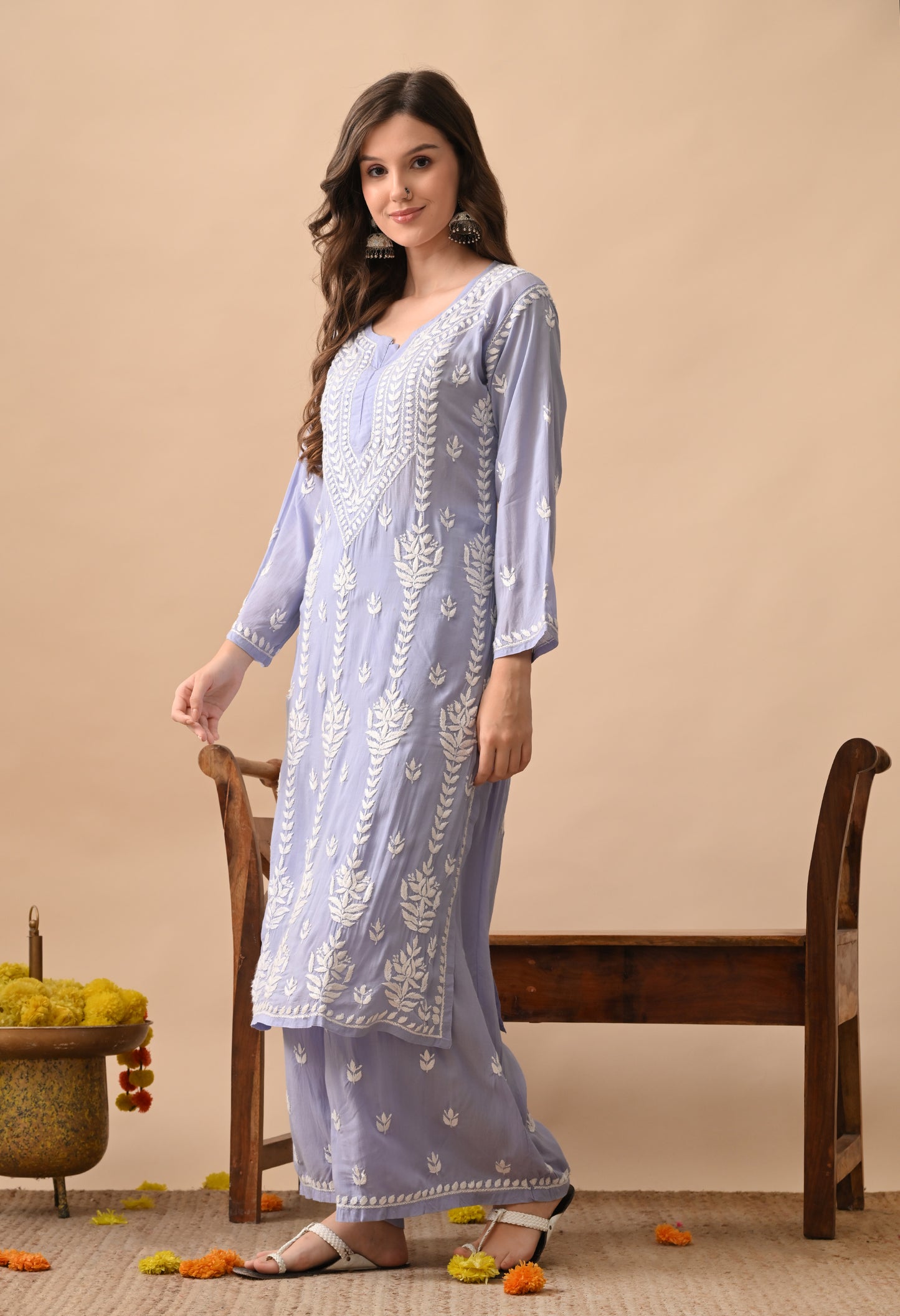 Lavender Grace Hand Embroidered Modal Chikankari Kurta Palazzo Set