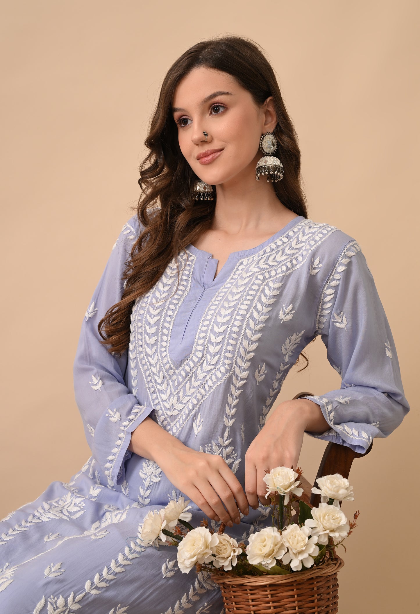 Lavender Grace Hand Embroidered Modal Chikankari Kurta Palazzo Set