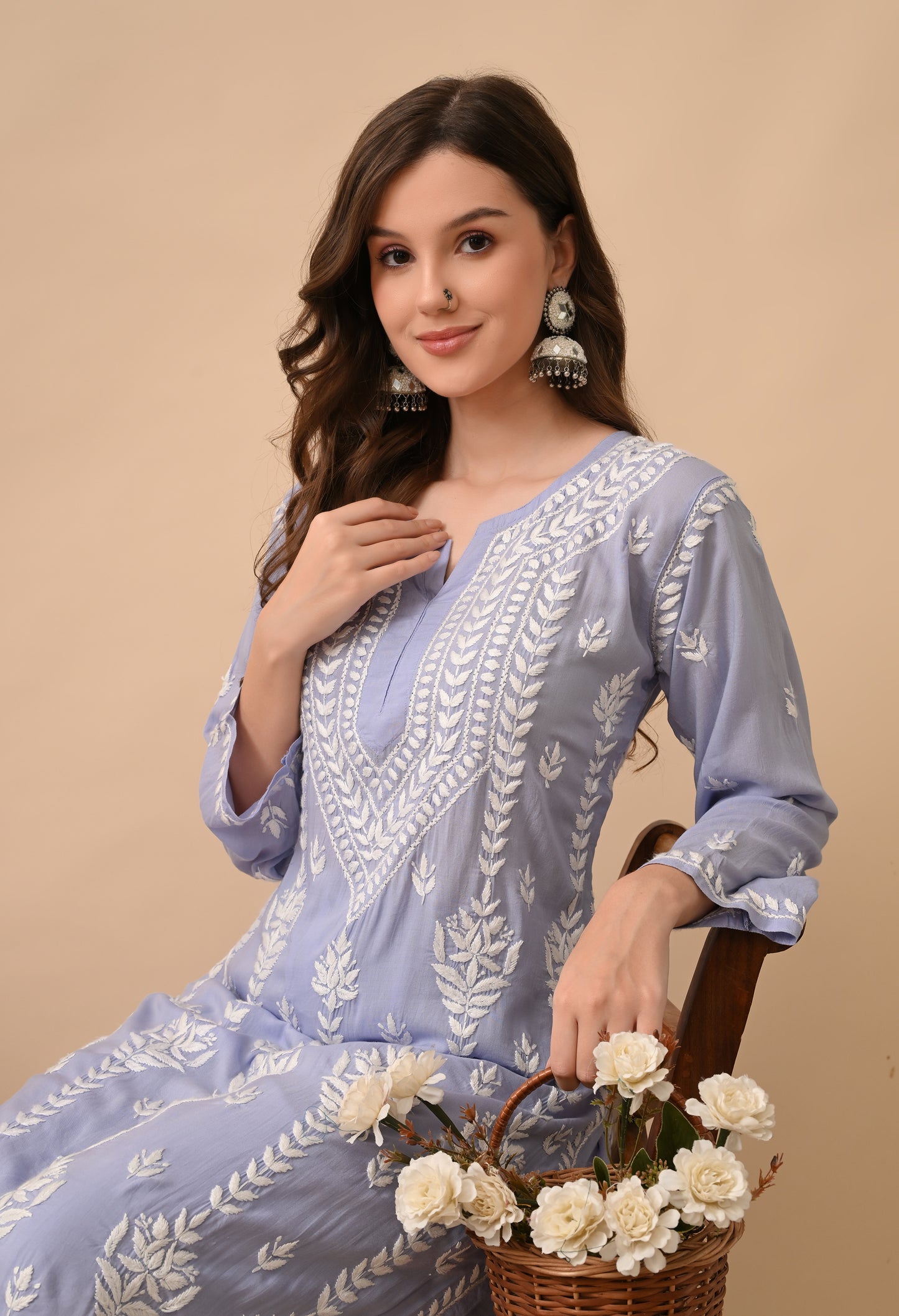 Lavender Grace Hand Embroidered Modal Chikankari Kurta Palazzo Set
