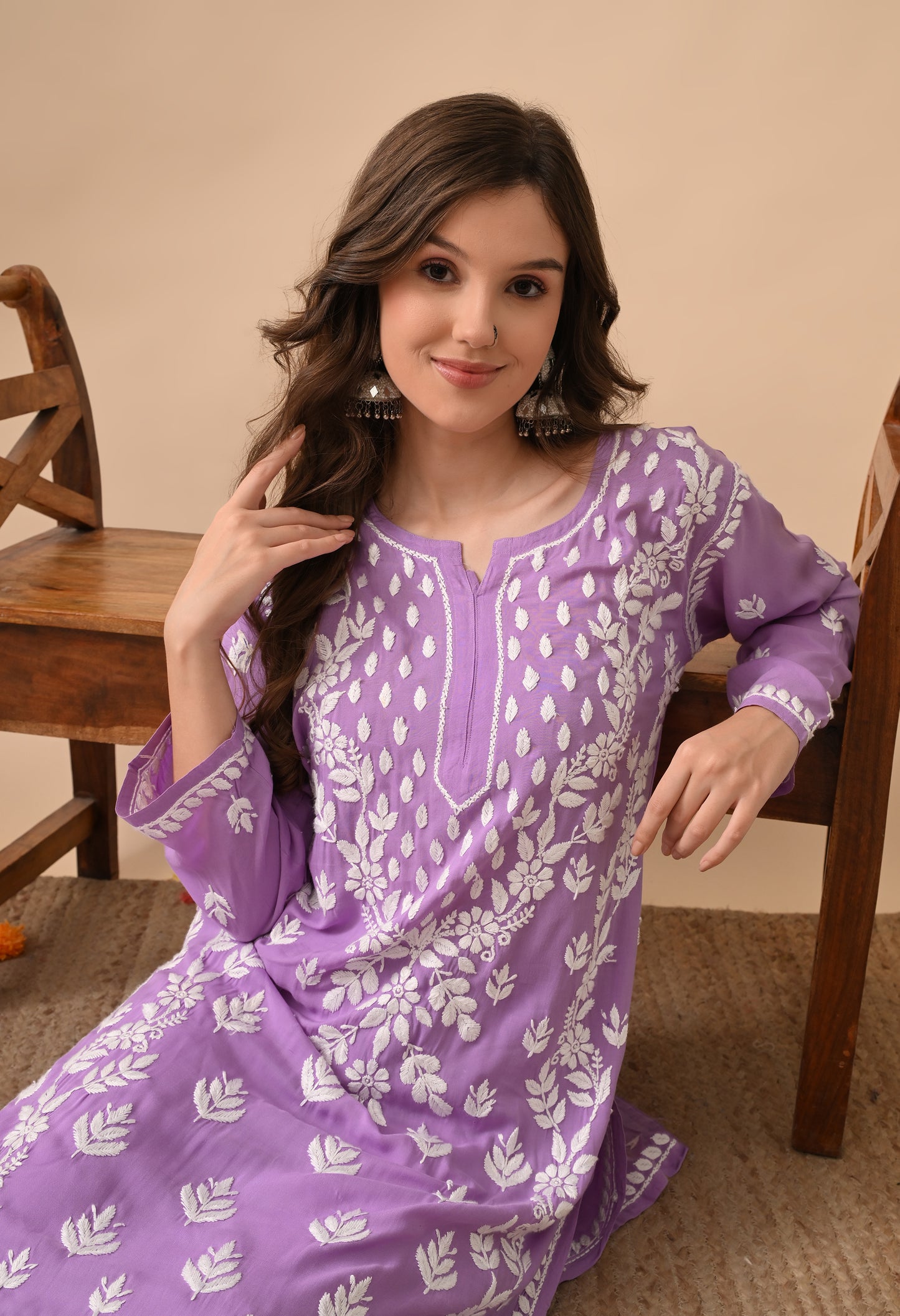 Purple Modal Hand-Embroidered Chikankari Kurta Pant Set