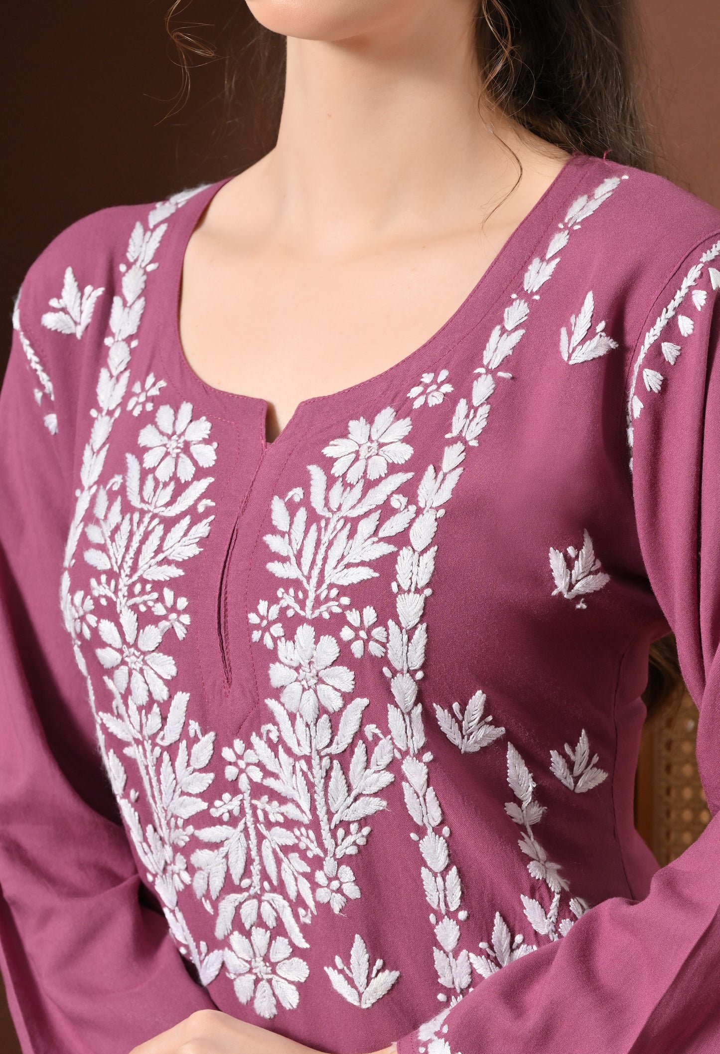 Lucknowi Chikankari Short Kurta in Rayon – Onion Pink