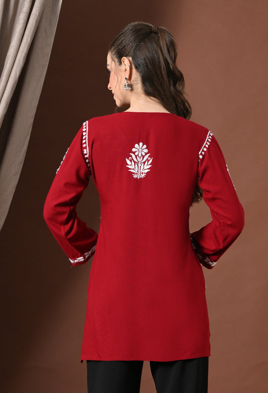 Lucknowi Chikankari Short Kurta in Rayon – Maroon