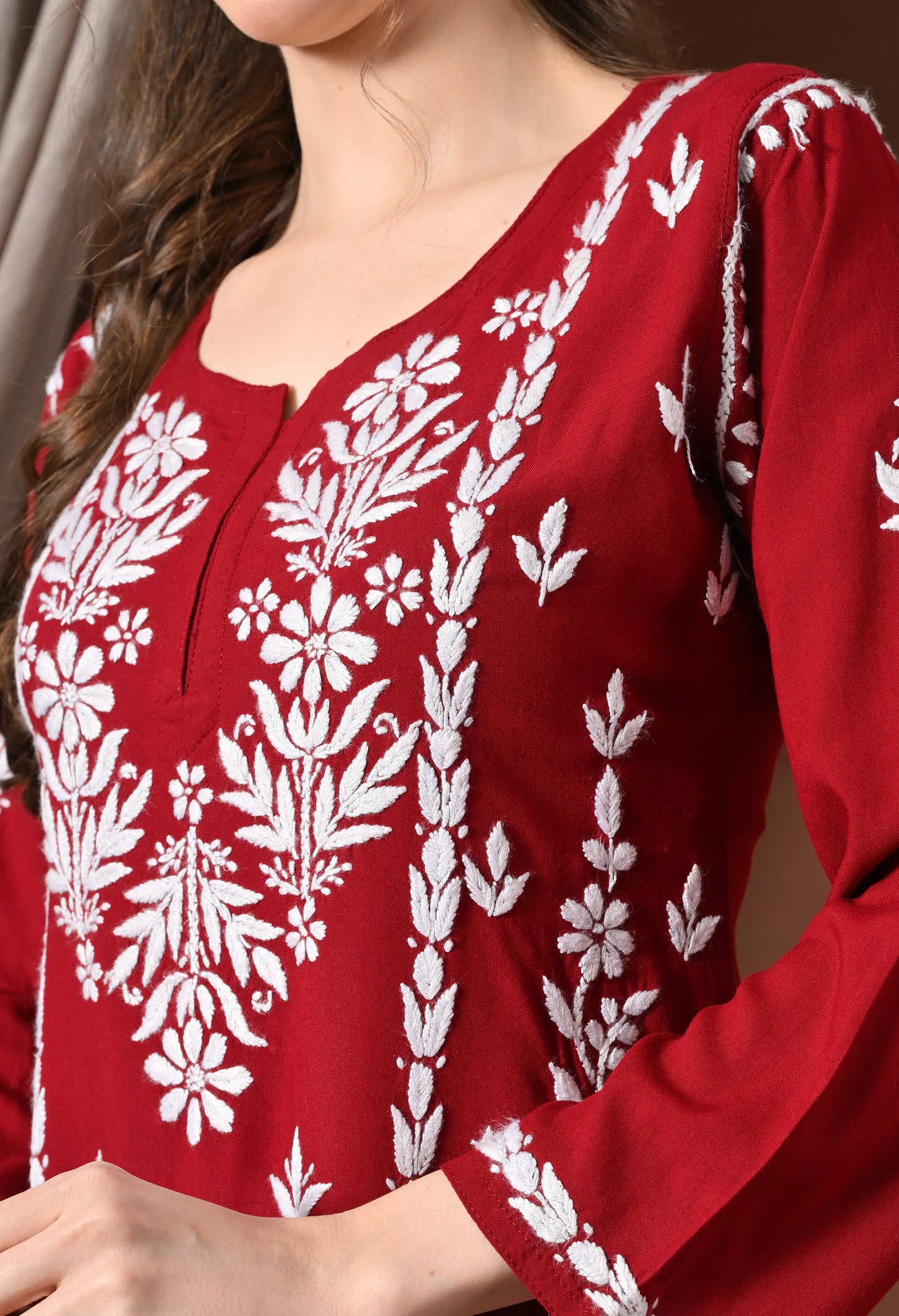 Lucknowi Chikankari Short Kurta in Rayon – Maroon