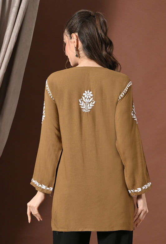 Lucknowi Chikankari Short Kurta in Rayon – Taupe