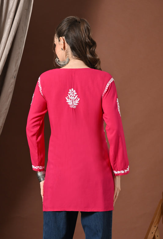 Lucknowi Chikankari Short Kurta in Rayon – Rani Pink