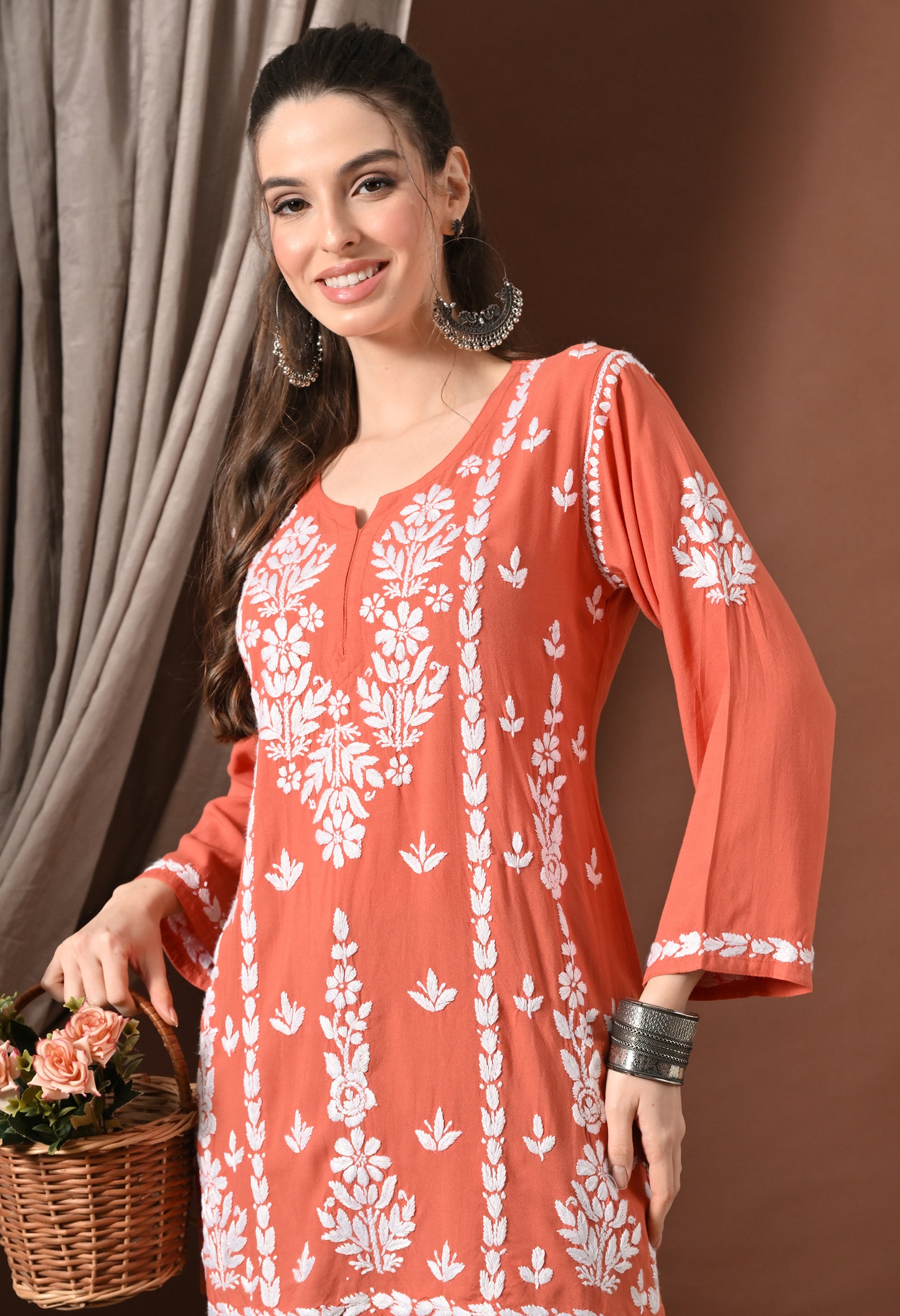 Lucknowi Chikankari Short Kurta in Rayon – Peach