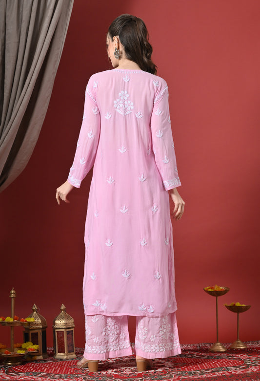 Premium Modal Chikankari Embroidered Set - Pink
