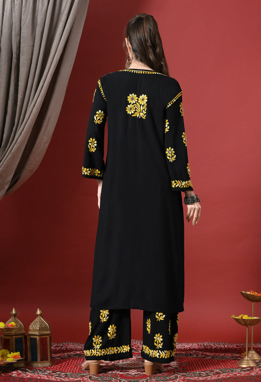 Syrish Elegance Handcrafted Rayon Chikankari Set-Yellow