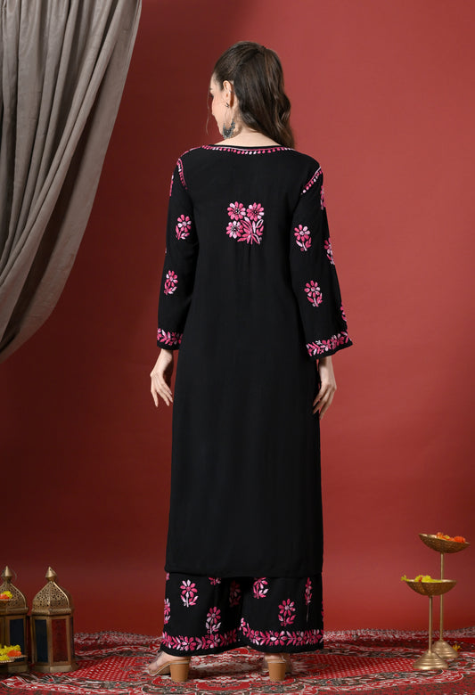 Syrish Elegance Handcrafted Rayon Chikankari Set-Pink