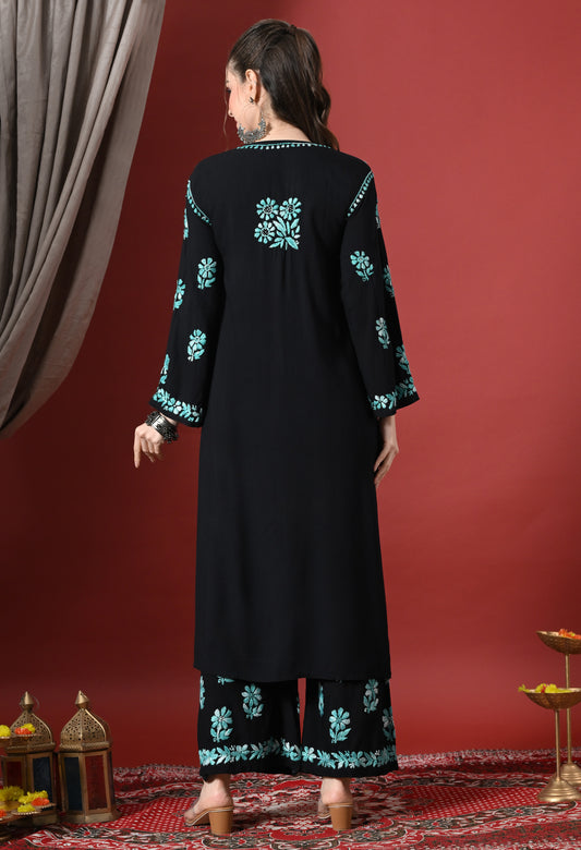 Syrish Elegance Handcrafted Rayon Chikankari Set-Blue