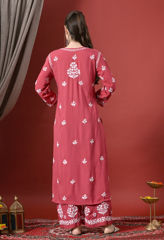 Premium Modal Chikankari Embroidered Set - Onion Pink