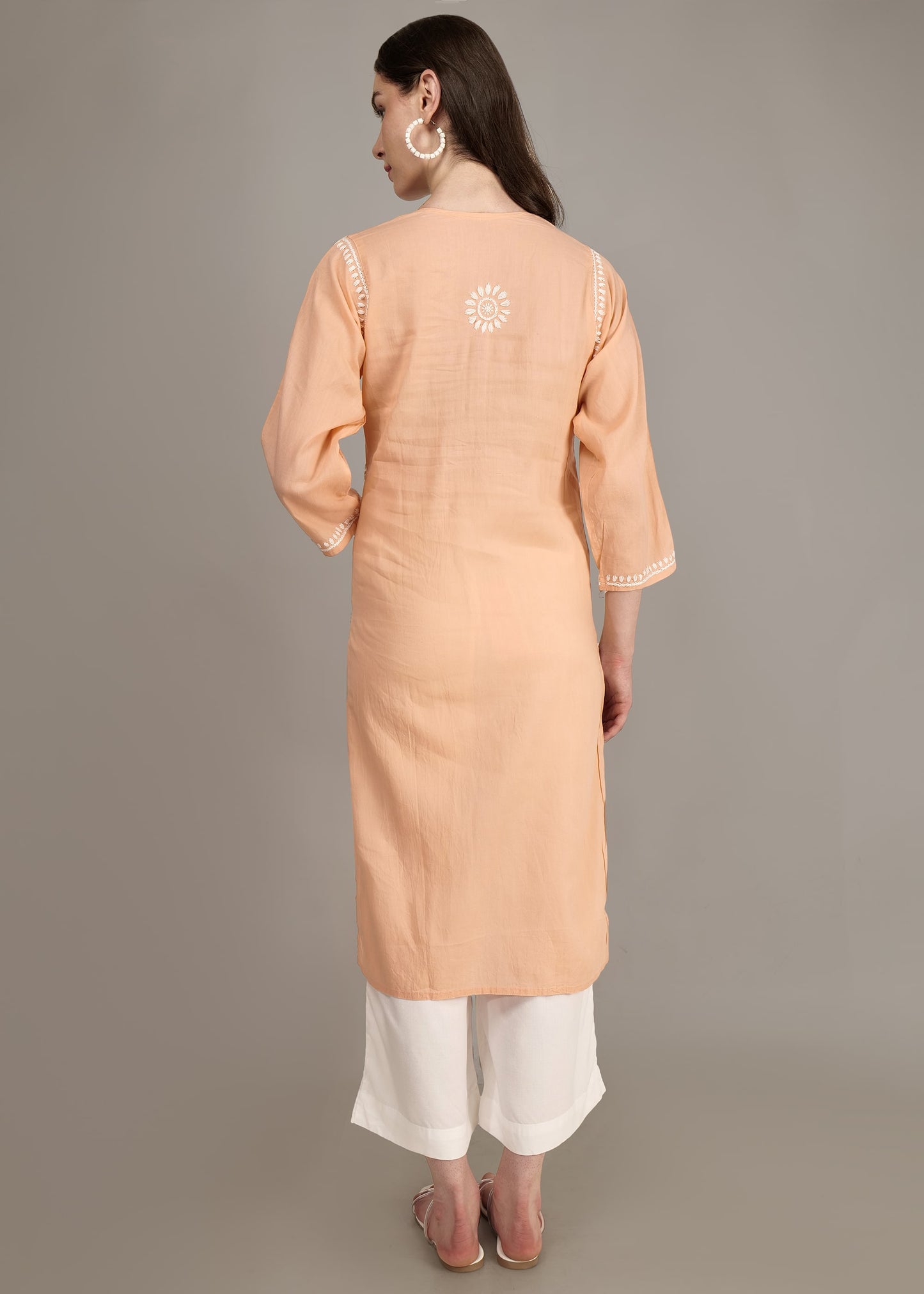 Pure Cotton Hand Embroided Lucknow Chikankari Angrakha Style Kurta - Orange