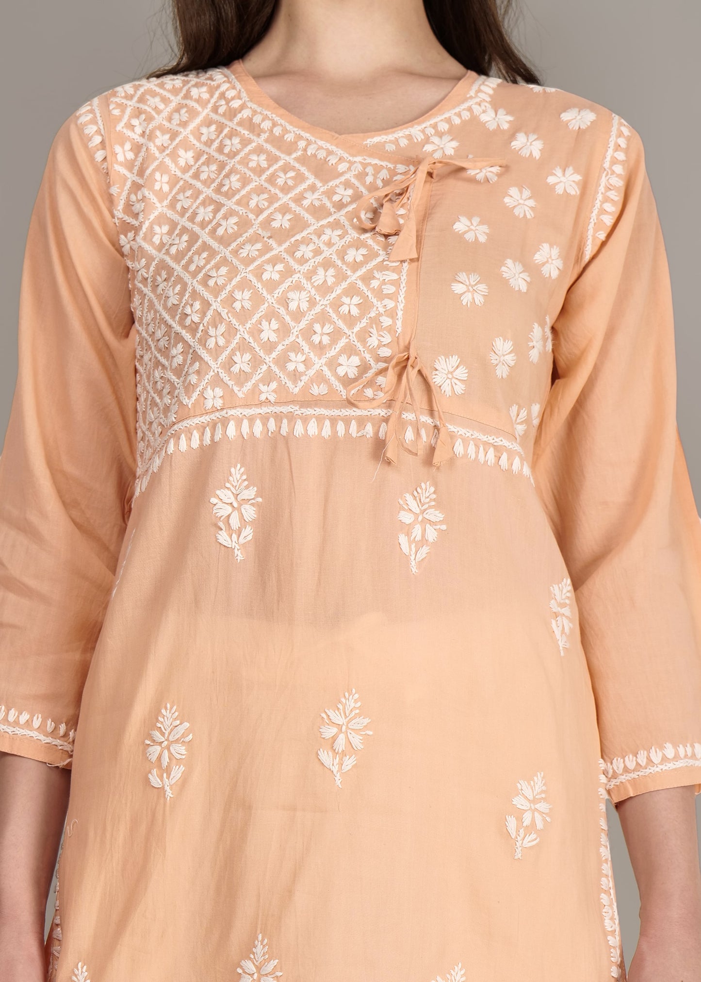 Pure Cotton Hand Embroided Lucknow Chikankari Angrakha Style Kurta - Orange