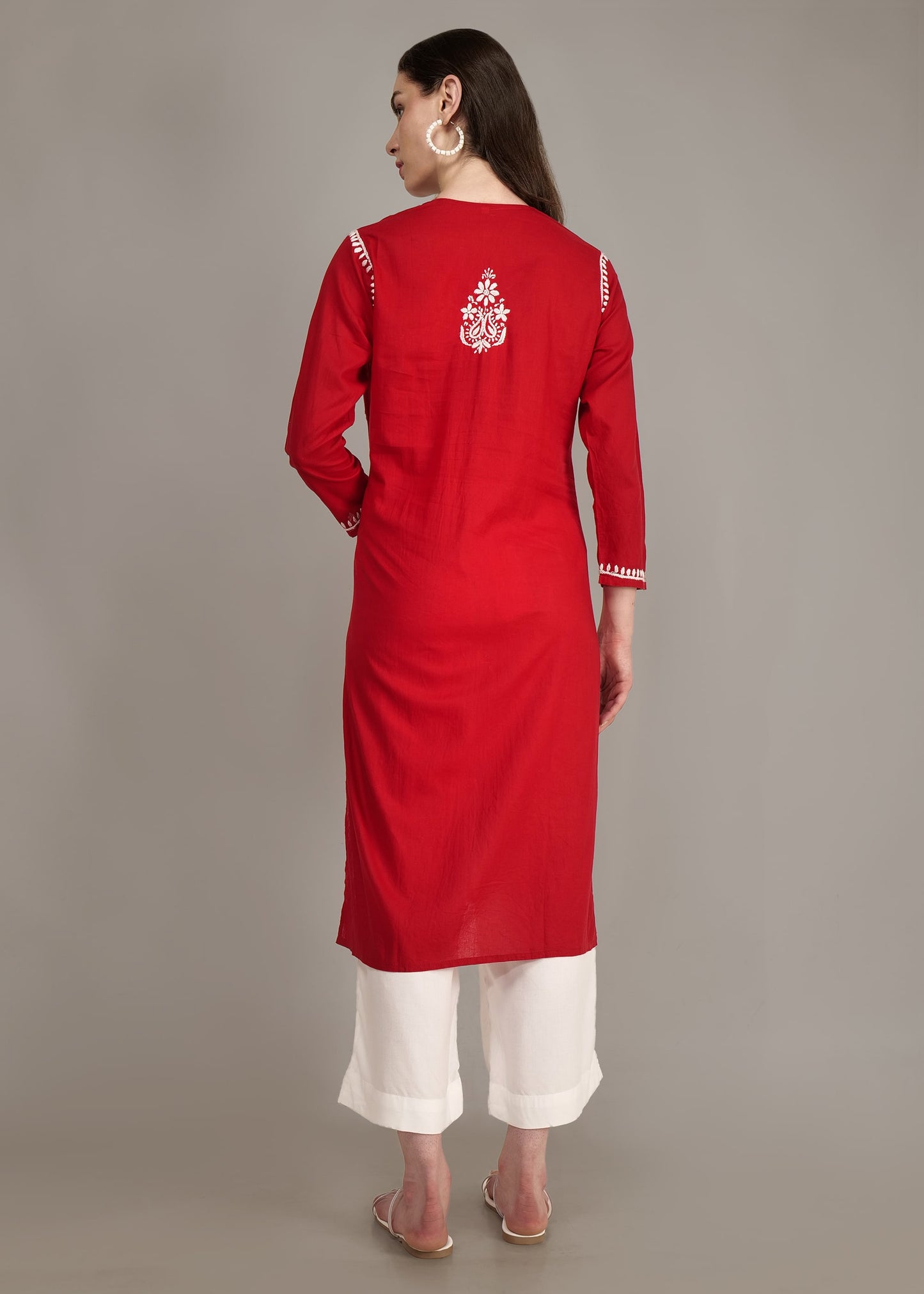 Pure Cotton  Hand Embroided Lucknow Chikankar Angrakha Style Kurta - Red