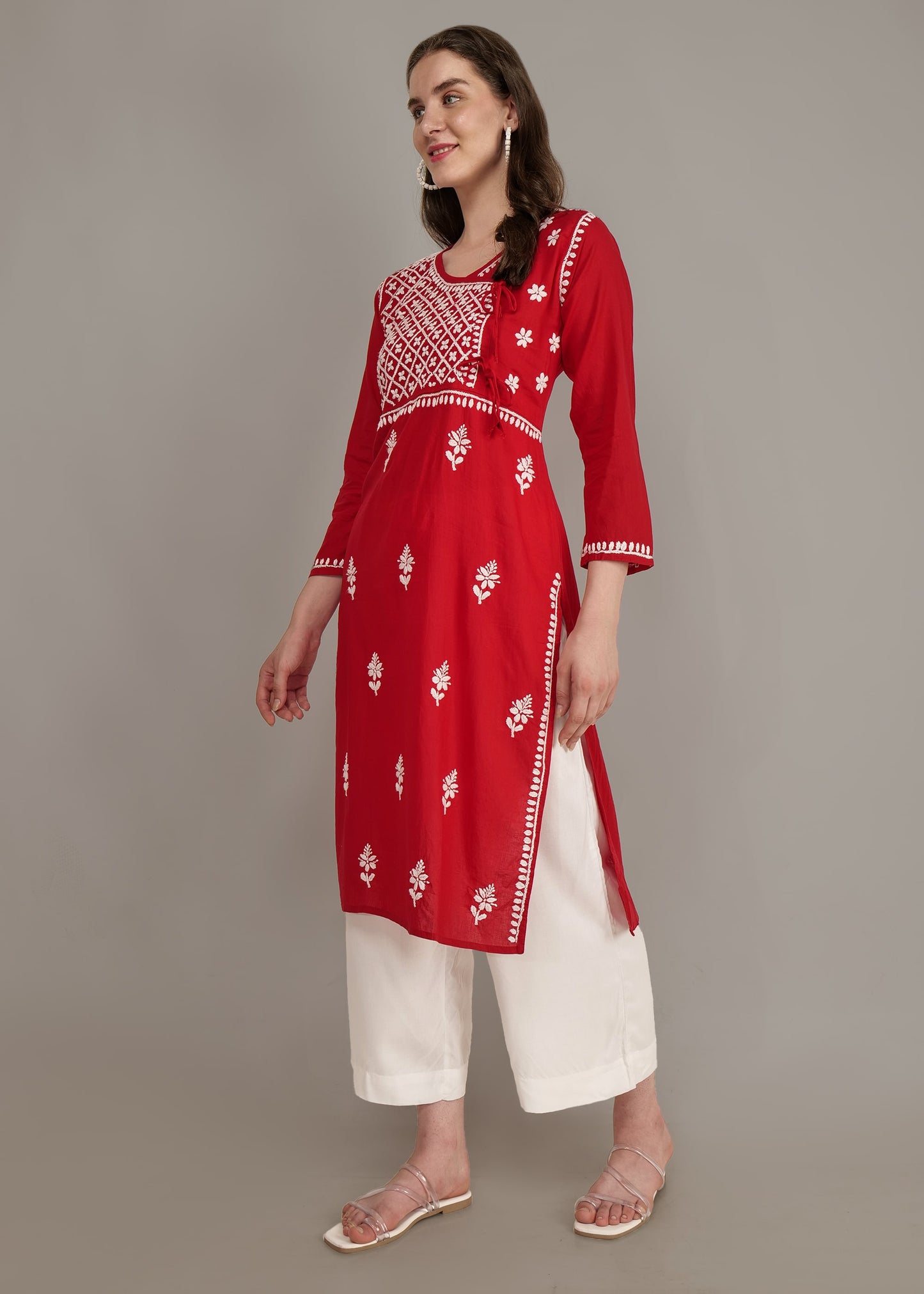 Pure Cotton  Hand Embroided Lucknow Chikankar Angrakha Style Kurta - Red