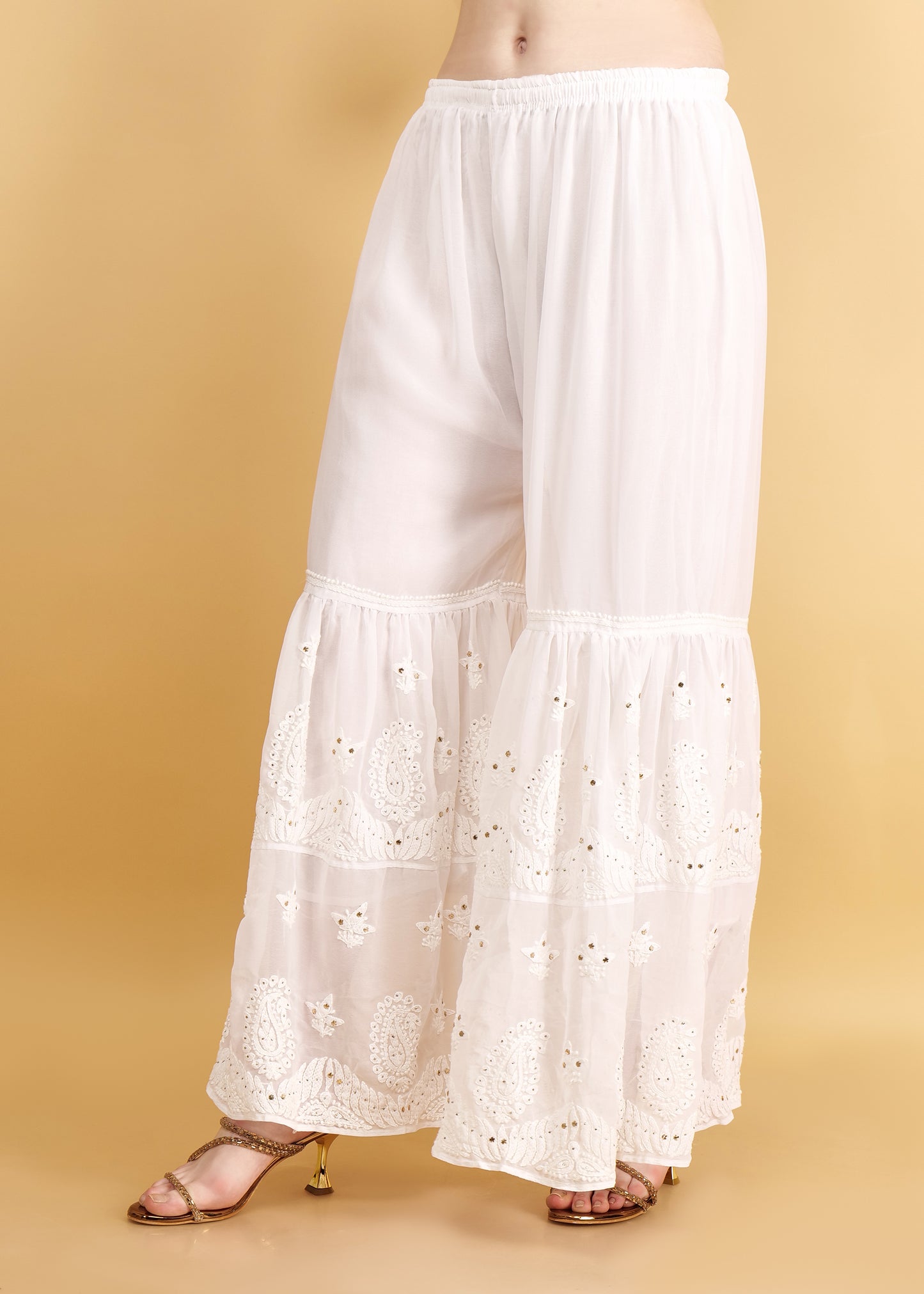 Hand Embroidered Chkankari Flared Sharara with Mukesh Work
