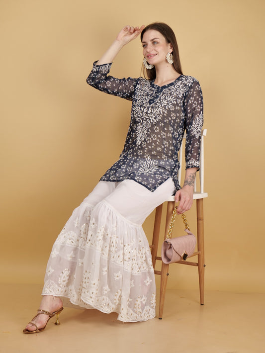 Hand Embroided Lucknow Chikankar Short Straight Georgette Kurta
