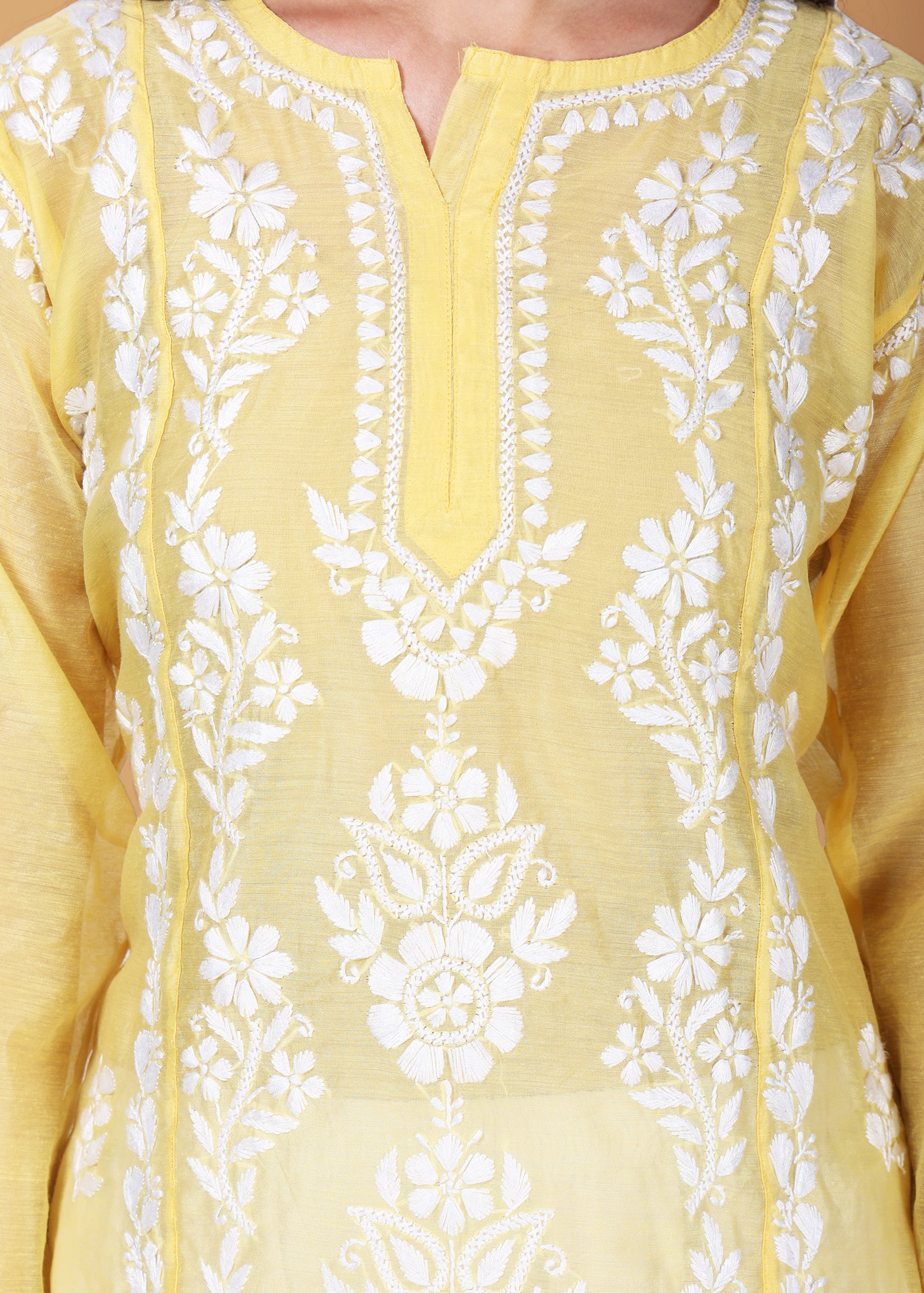 Women Handmade Lucknow Chikankari Chanderi Kurta.