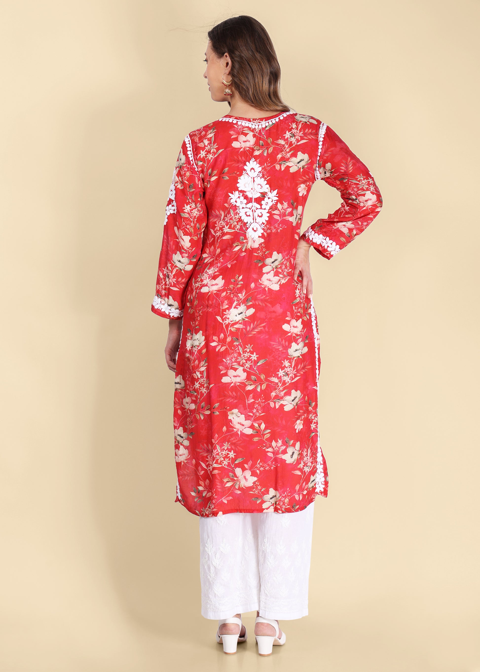 Muslin Hand Embroided Lucknow Chikankari Printed Straight Pink Kurta.