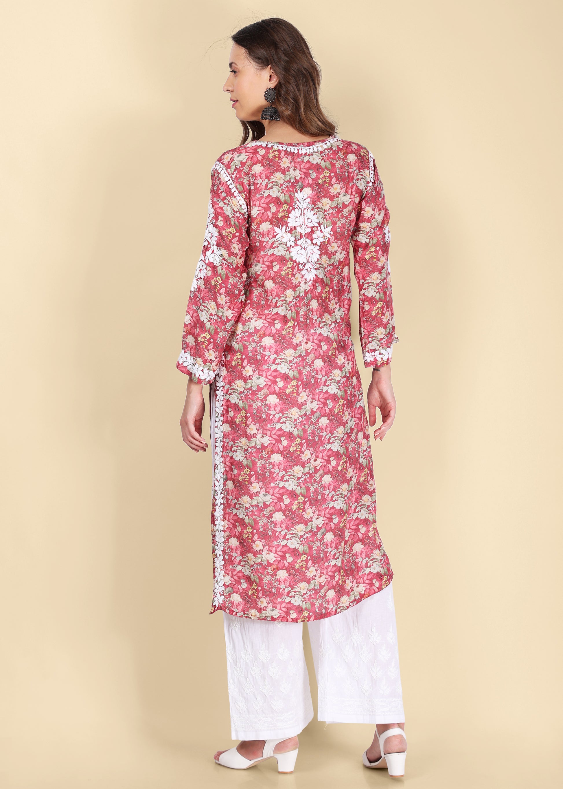 Muslin Hand Embroided Lucknow Chikankari Printed Straight Pink Kurta.